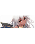Anime girl mouse pad 32x12 inches with silver-haired fantasy character and armored shoulder detail.
