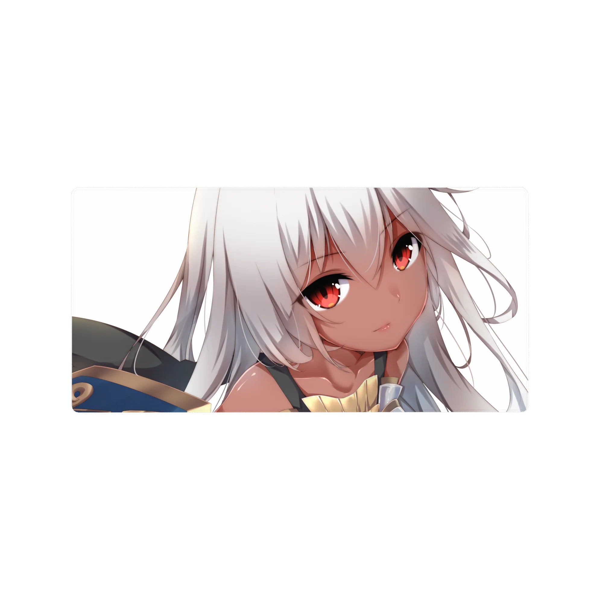 Anime girl mouse pad 32x16 inches with silver-haired character, ember eyes, and fantasy armor shoulder.