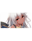 Anime girl mouse pad 32x16 inches with silver-haired character, ember eyes, and fantasy armor shoulder.