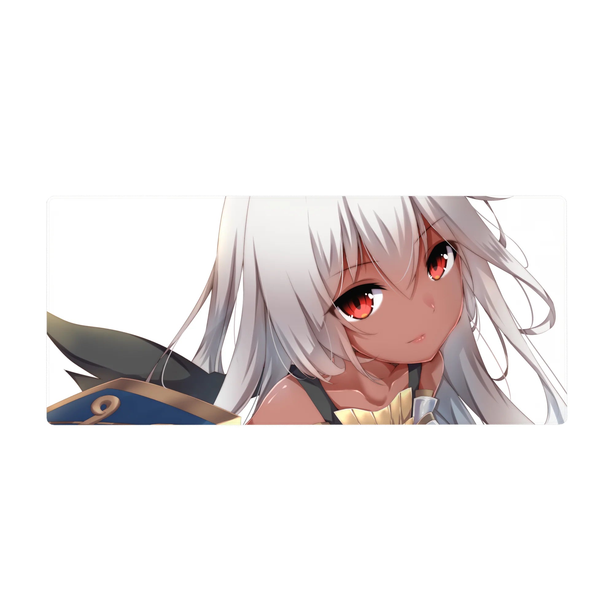 Anime girl desk pad 36x16 inches with silver hair, ember eyes, and cute fantasy armor shoulder detail.