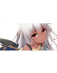 Anime girl desk pad 36x16 inches with silver hair, ember eyes, and cute fantasy armor shoulder detail.