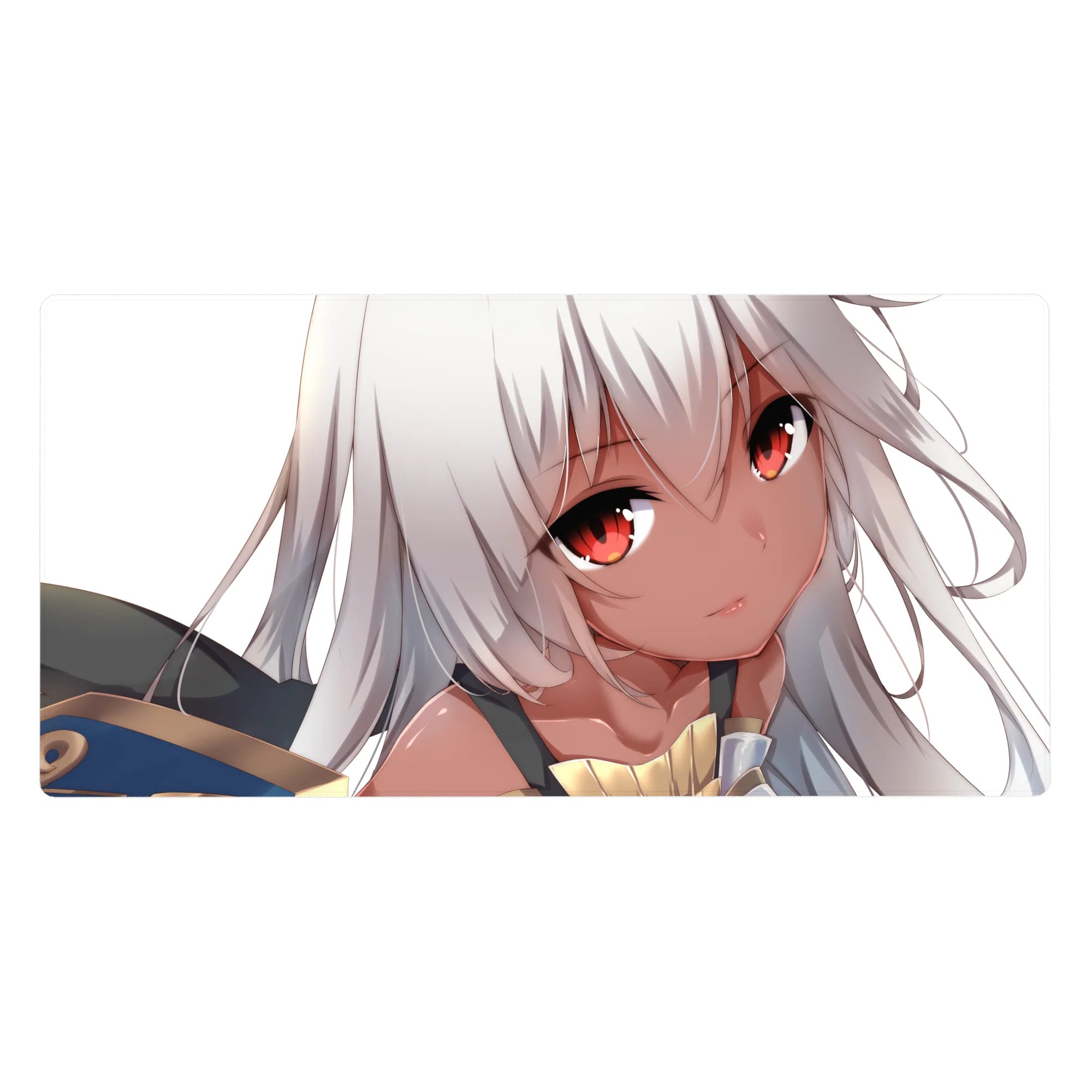 Anime girl desk pad 40x20 inches with silver hair, ember eyes, and a cute armored shoulder detail.