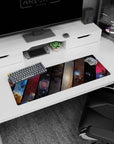 Starry night cosmos scene mouse pad like a window on a space train, with diagonal galaxy panels, 32x12 inches.