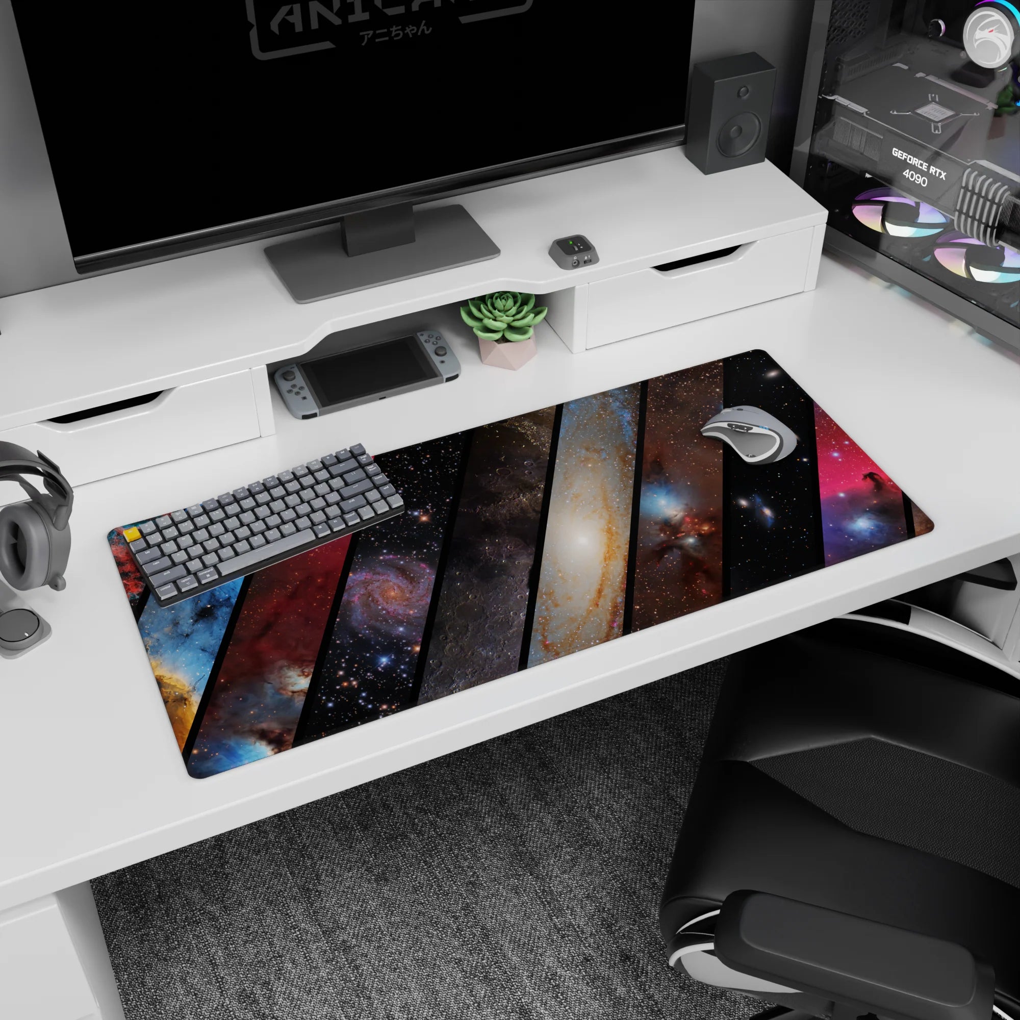 Starry space window-seat vibe desk pad like a cosmic train view, 36x16 inches.