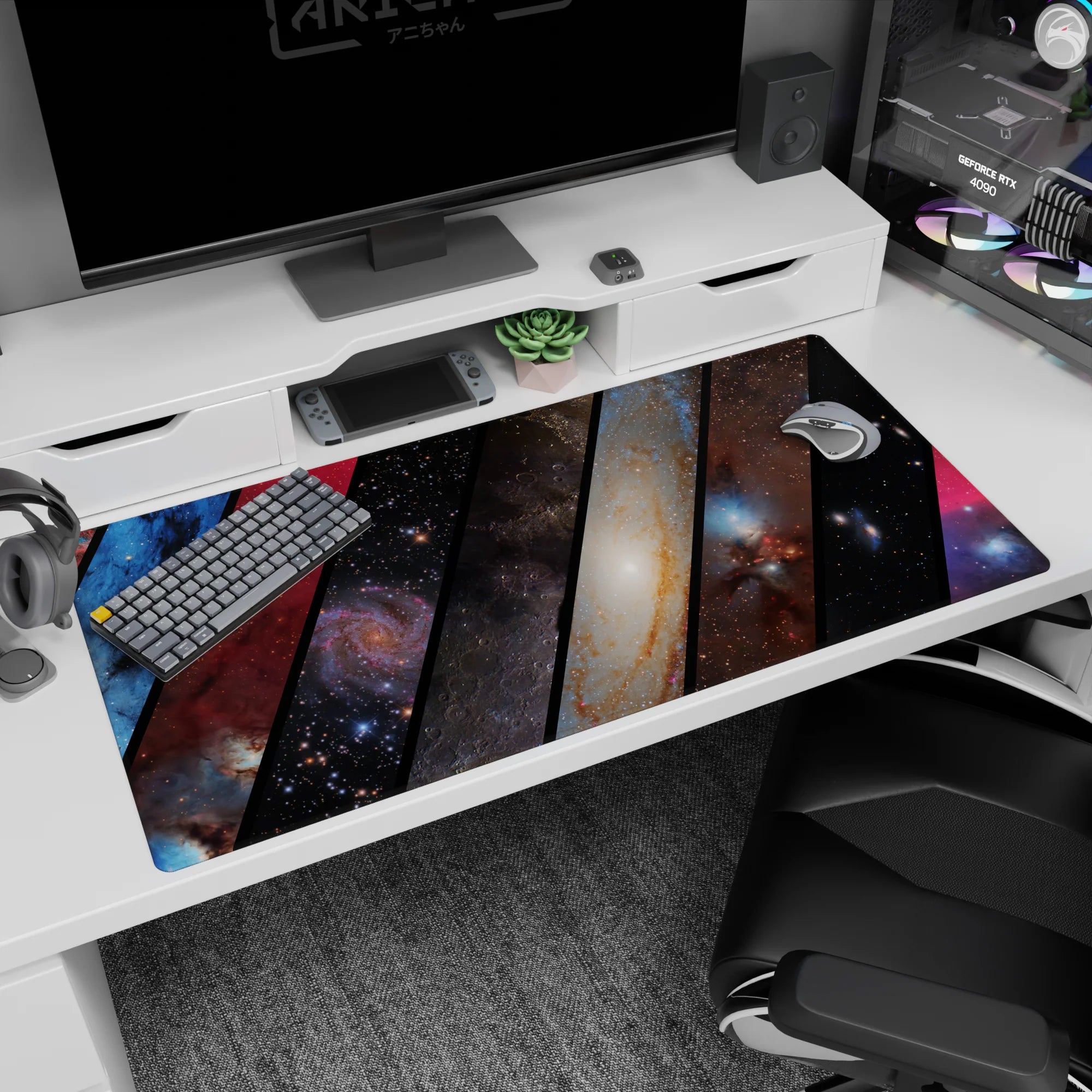 Cosmic train window vibe desk pad 40x20 inches showing starry space across angled collage panels.