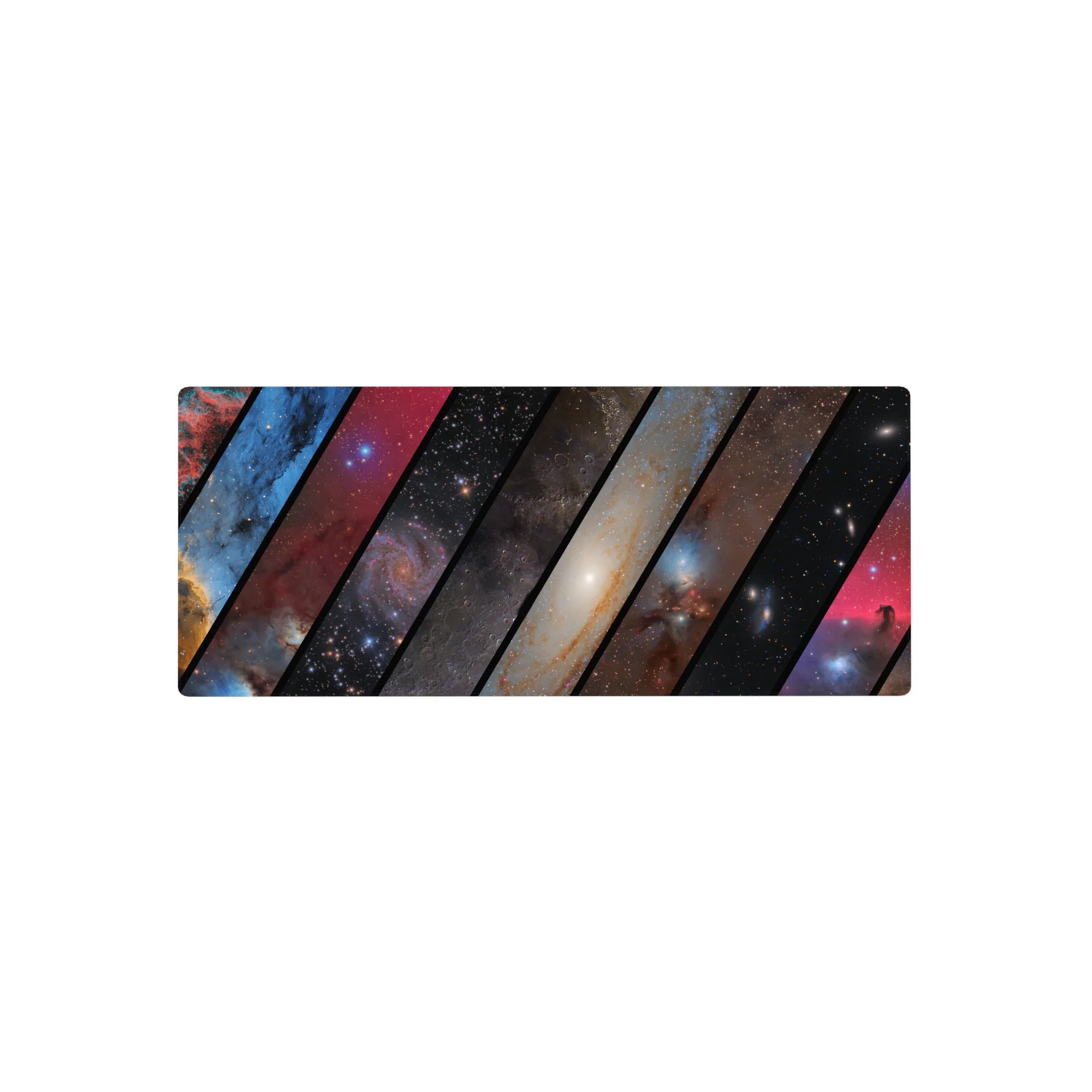 Galaxy collage mouse pad with bold diagonal panels and star-speckled space design, 28x12 inches.