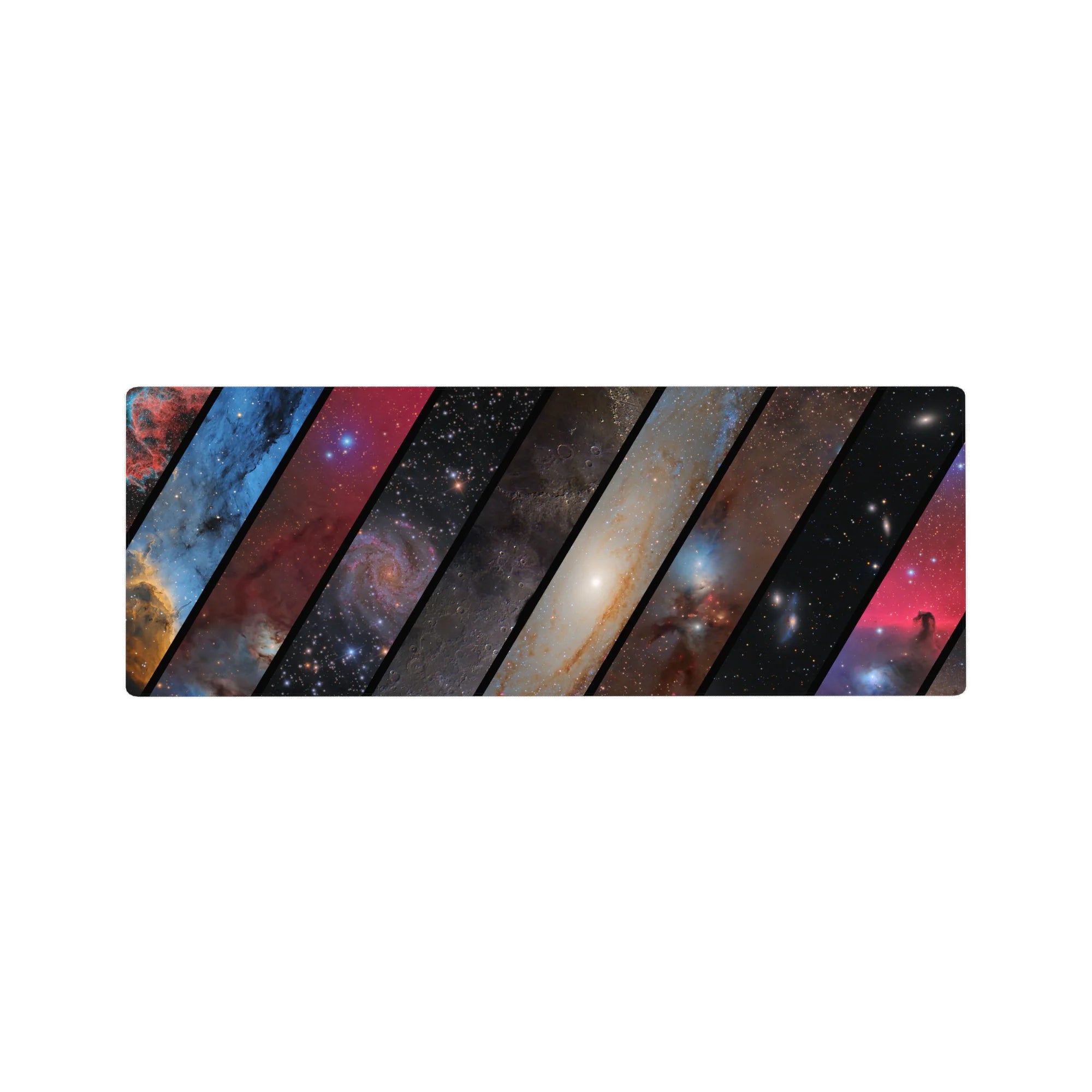 Galaxy collage mouse pad with bold diagonal panels and star-speckled space design, 32x12 inches.