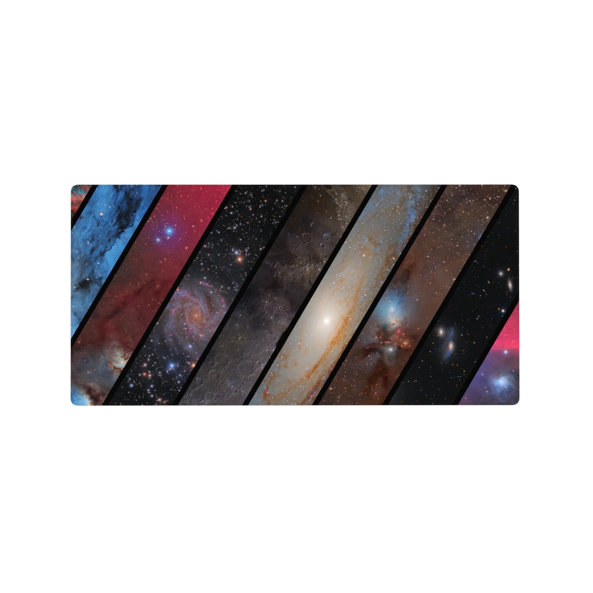 Galaxy collage mouse pad with bold diagonal panels and star-speckled space design, 32x16 inches.