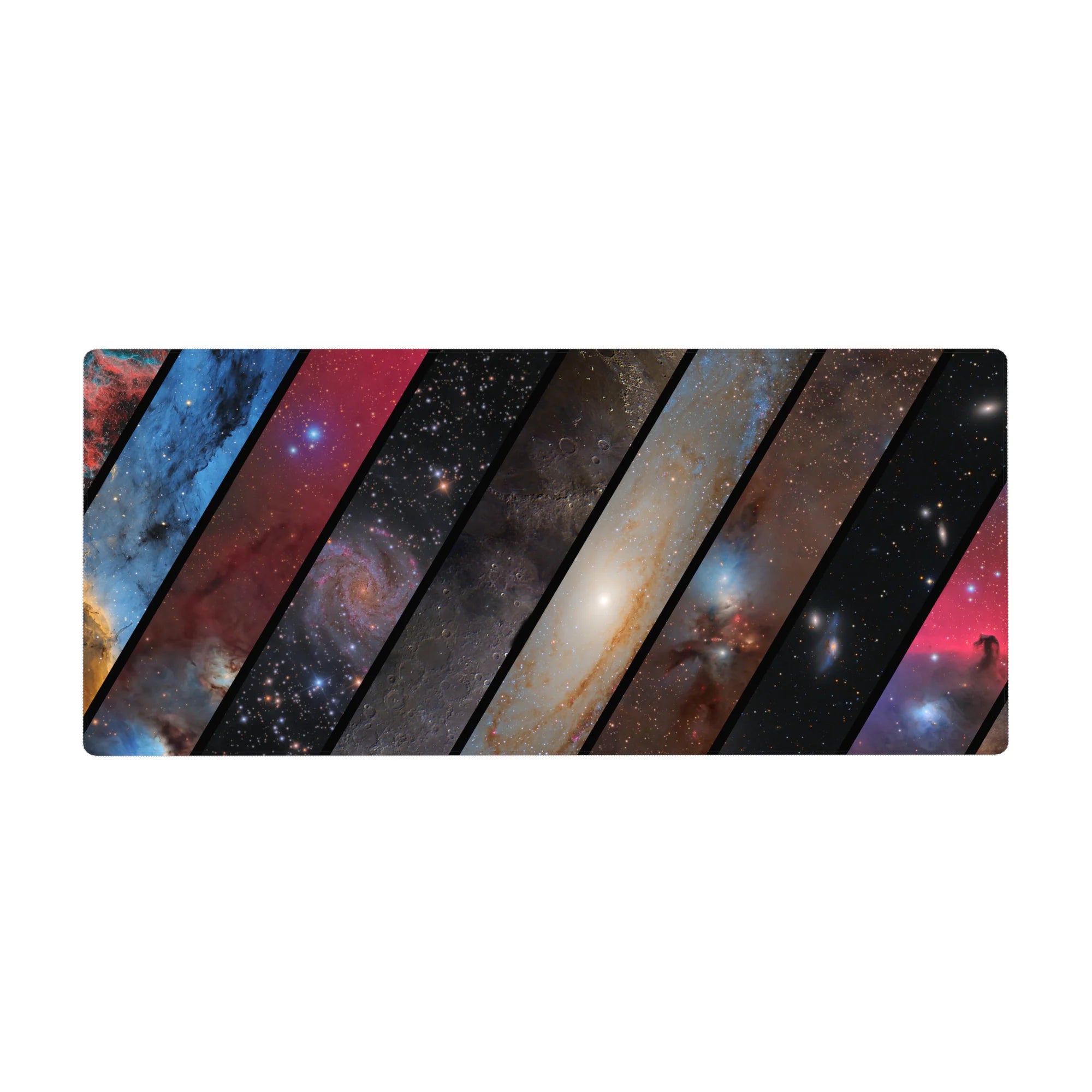 Galaxy collage desk pad with bold diagonal panels and star-speckled night sky, 36x16 inches.