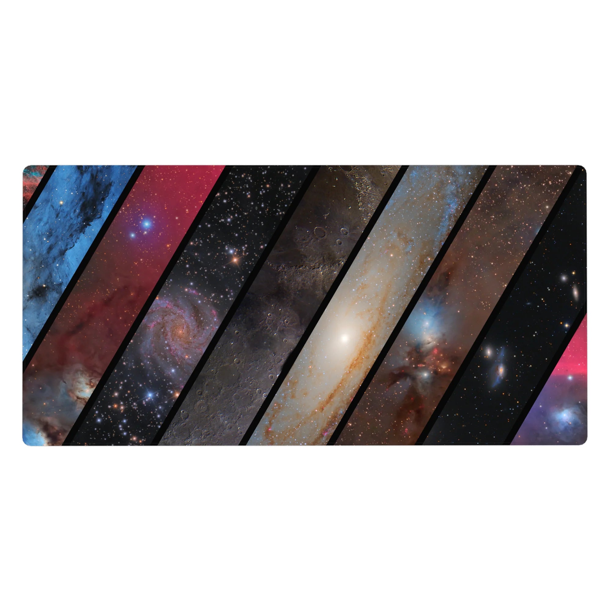 Galaxy collage desk pad 40x20 inches with bold diagonal panels and star-speckled space design.