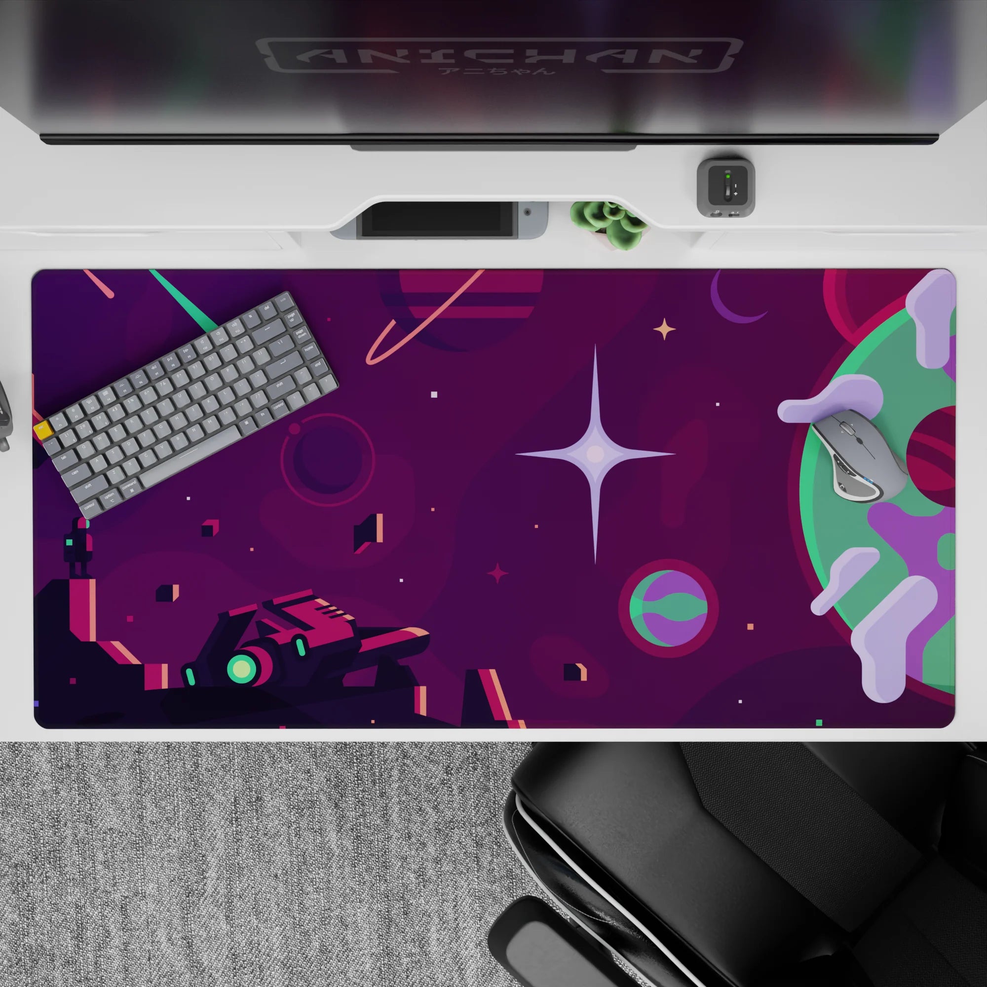 Cozy deep plum and mint desk pad 40x20 inches with arcade-cosmos mood, soft glow, and sparkles.