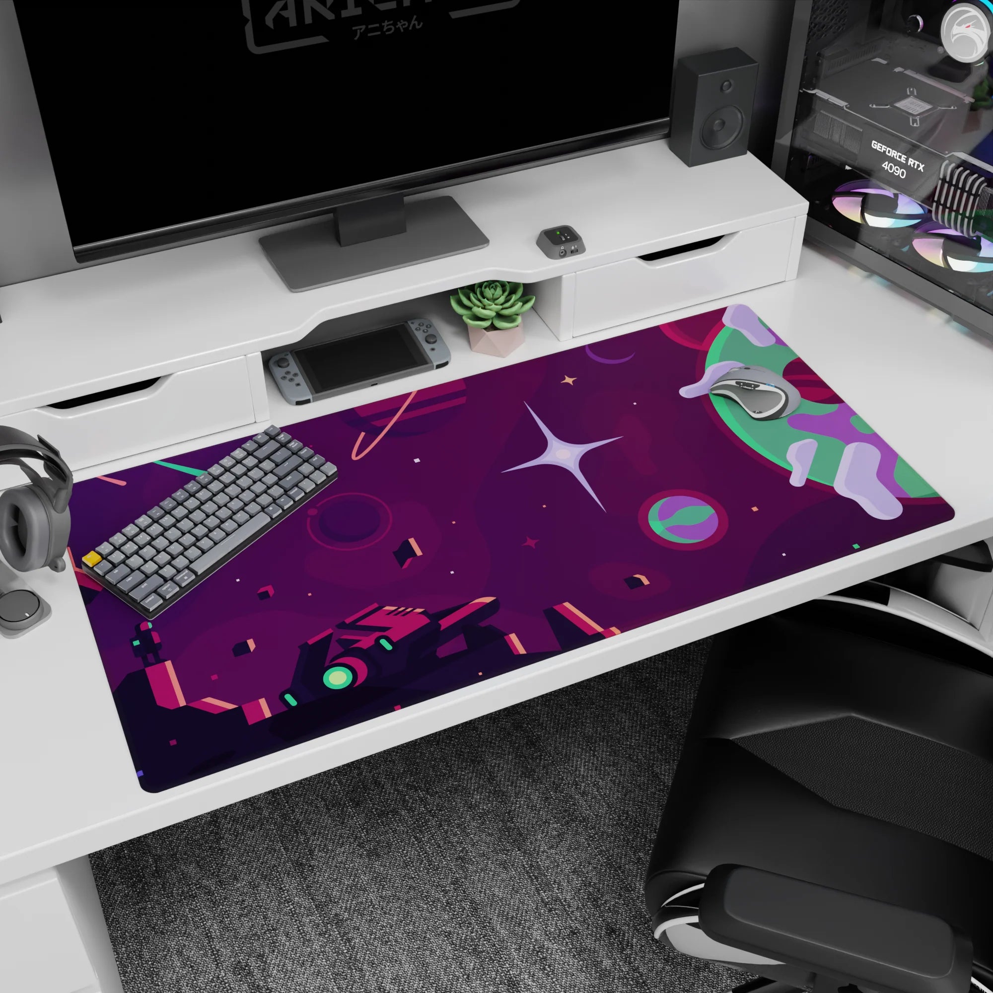 Ringed mint planet on plum sky desk pad 40x20 inches with tiny sparkles and floating blocks.