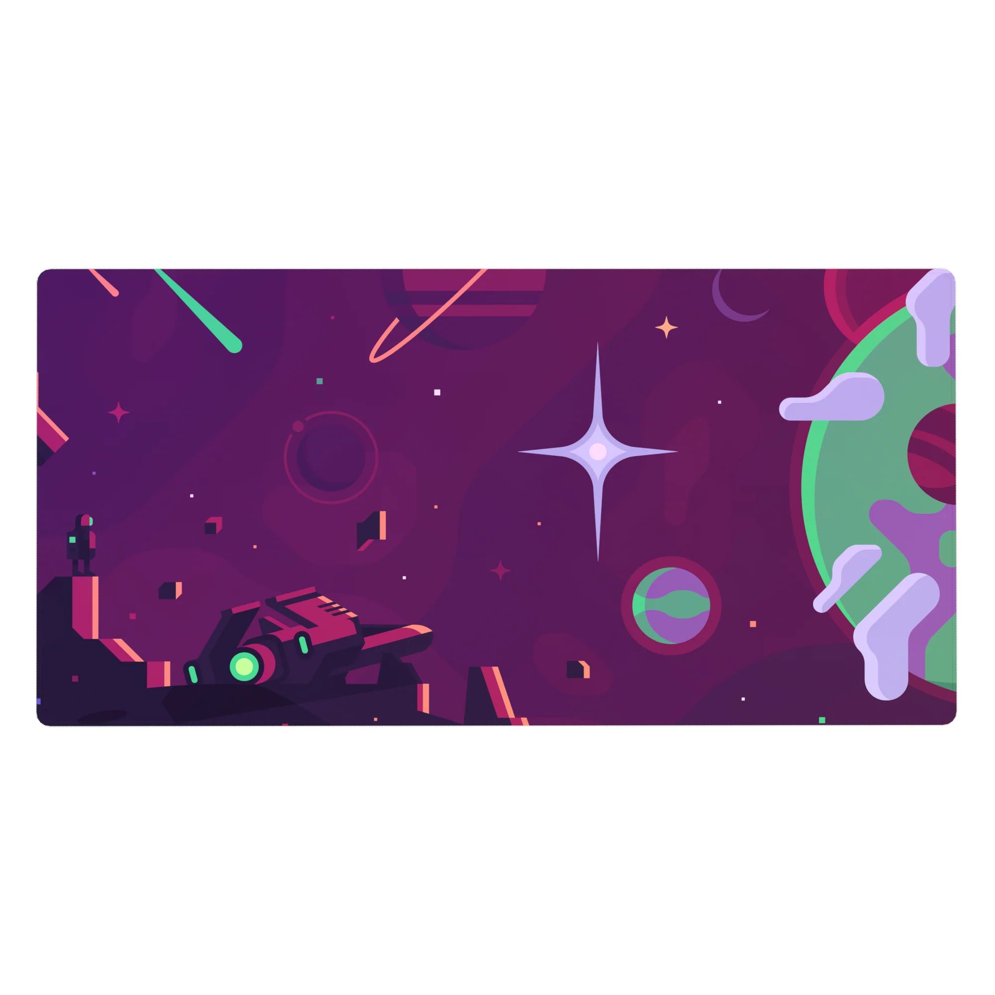 Neon space dream desk pad 40x20 inches with gradients, sparkles, floating blocks, and ringed planet.