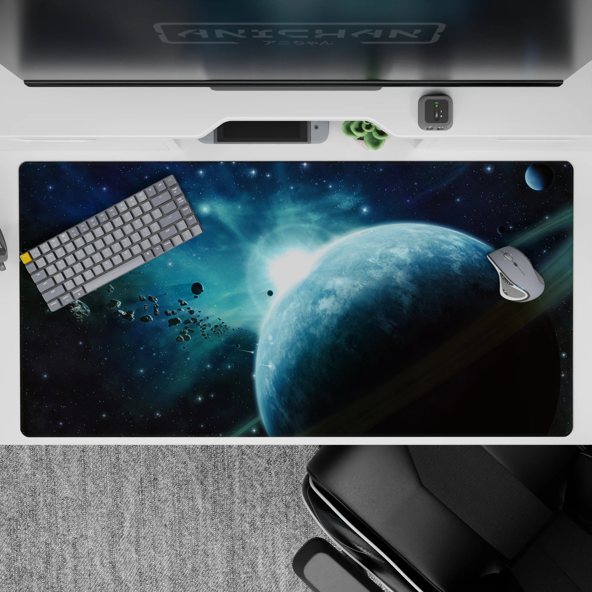 Teal-blue cosmic desk pad 40x20 inches with calm, dreamy nebula glow and smooth surface.