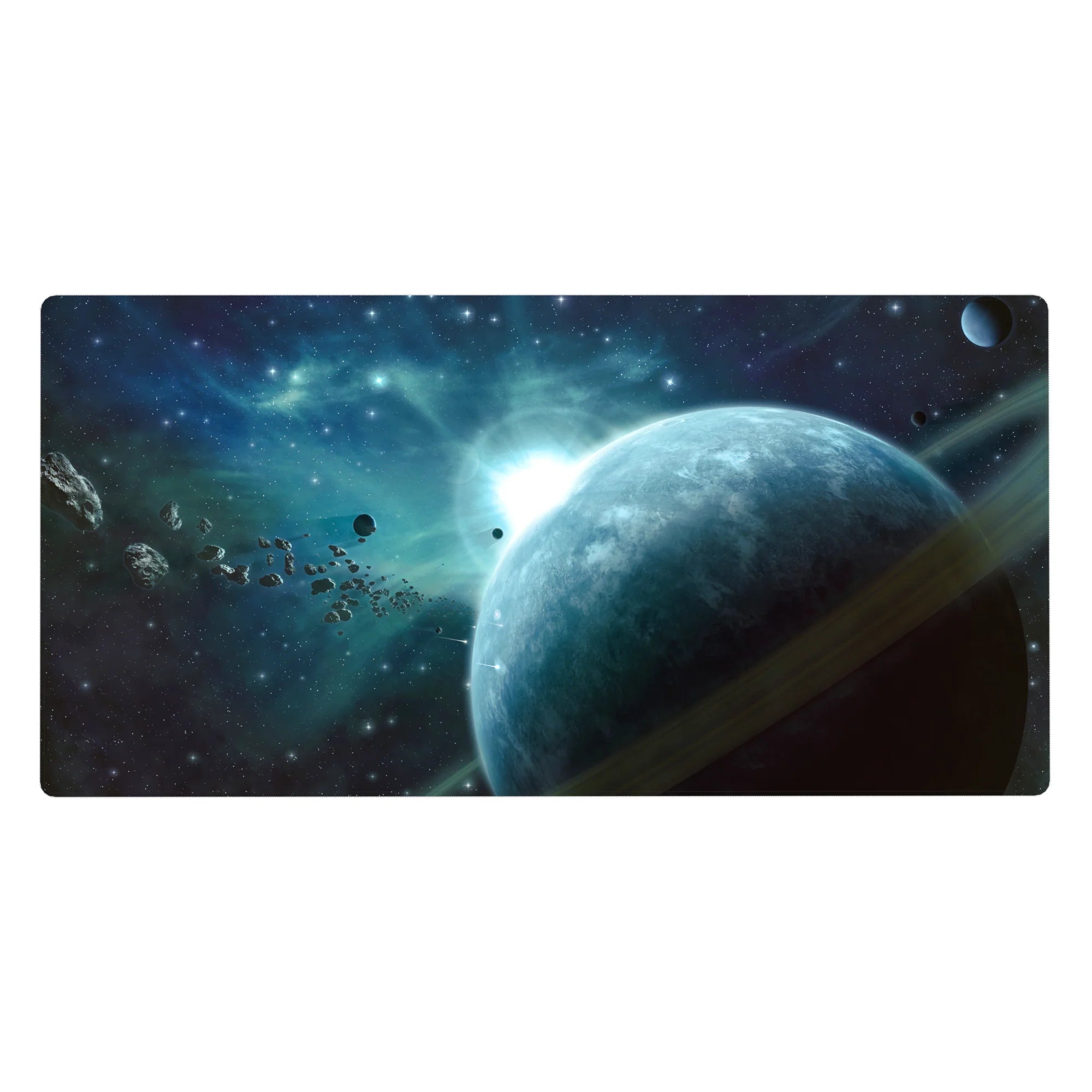 Space nebula desk pad 40x20 inches with ringed planet, star freckles, and asteroid trail.