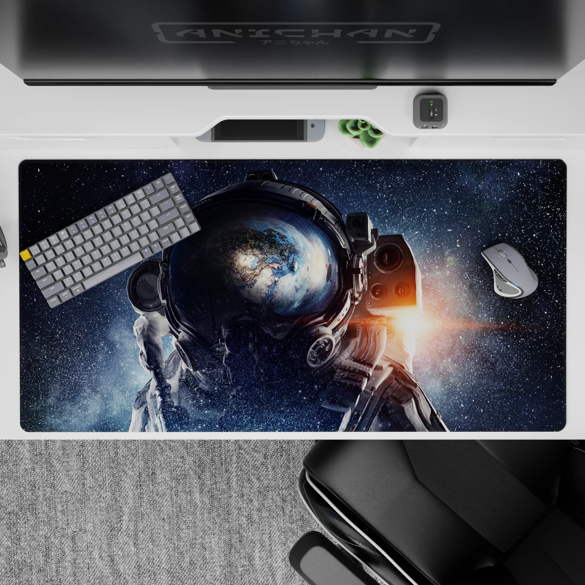 Inky navy to smoky blue desk pad 40x20 inches with tiny white galaxies and a warm orange sunrise flare.