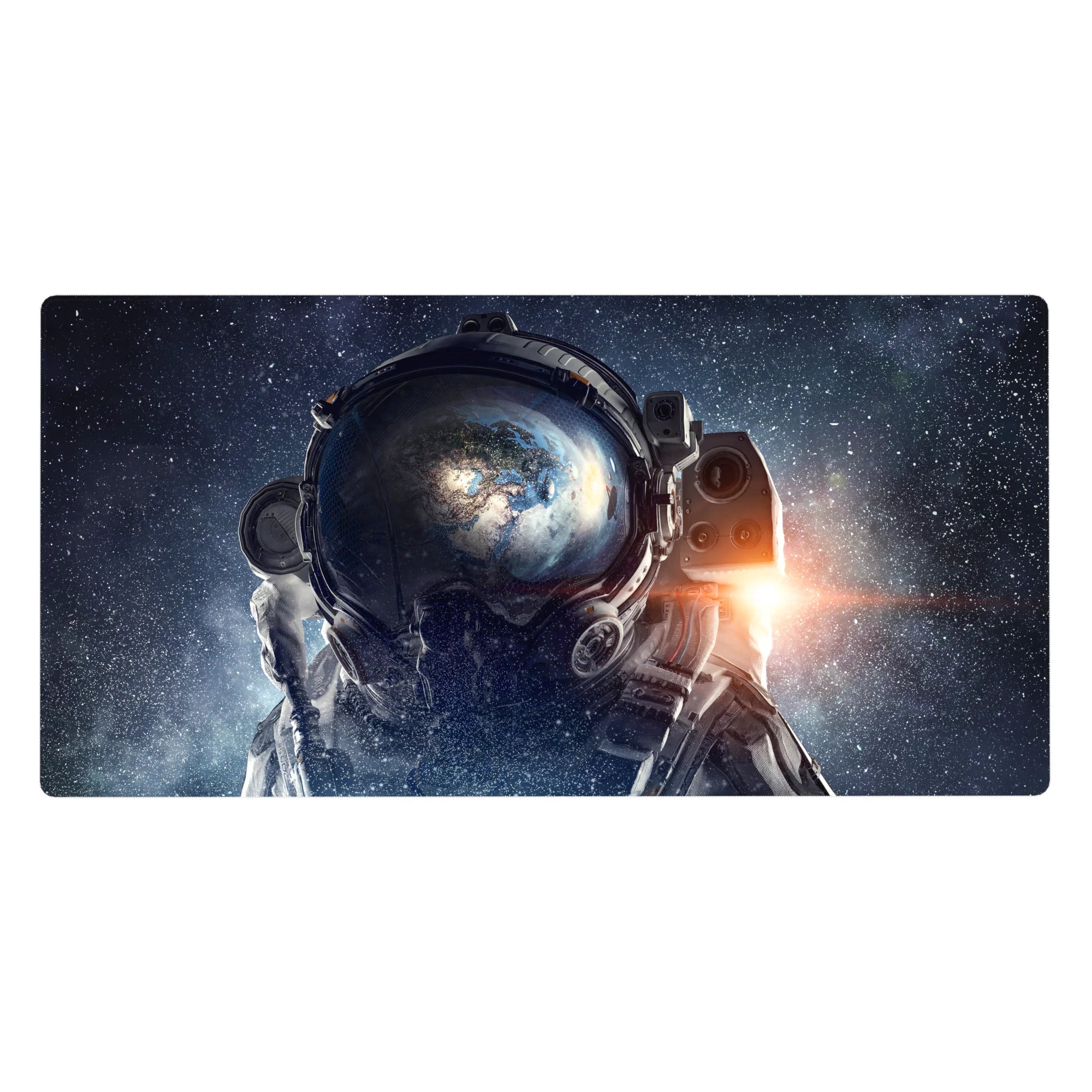Space-themed astronaut helmet desk pad 40x20 inches with star-speckled galaxy backdrop and orbit glow.