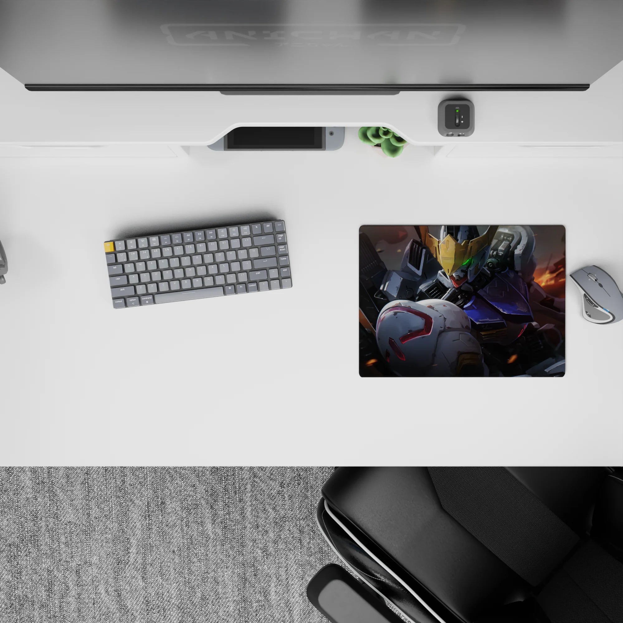 Anime mouse pad 14x10 inches in cool whites, steel gray, deep navy with warm ember sparks, premium vibe.