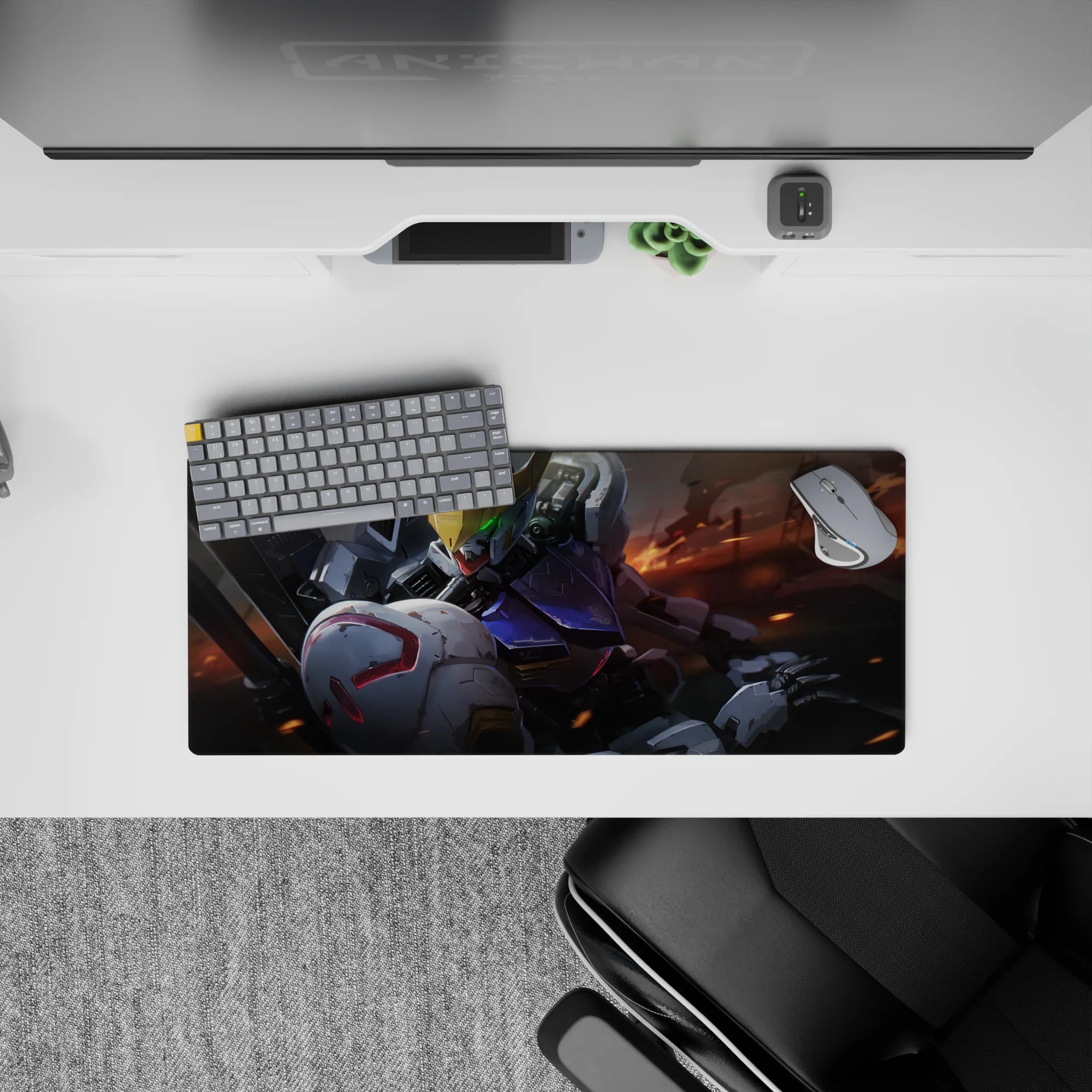 28x12 inches anime mouse pad in cool whites, steel gray, and deep navy with warm ember streaks.