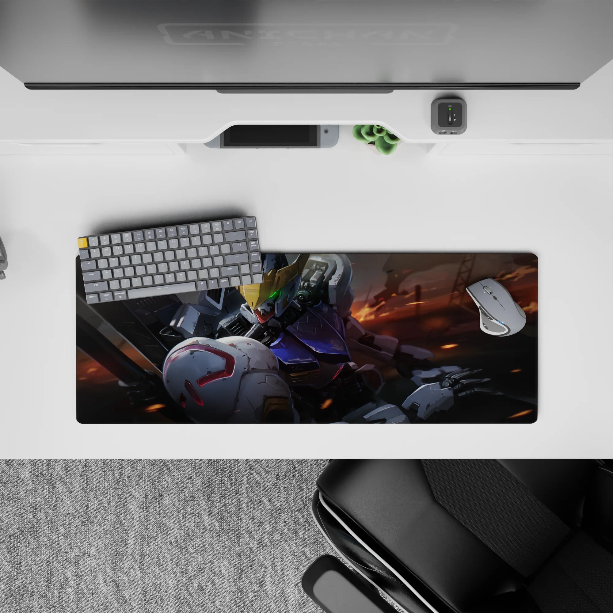 32x12 inches anime mouse pad in cool whites, steel gray, deep navy, with warm ember streaks and glow.
