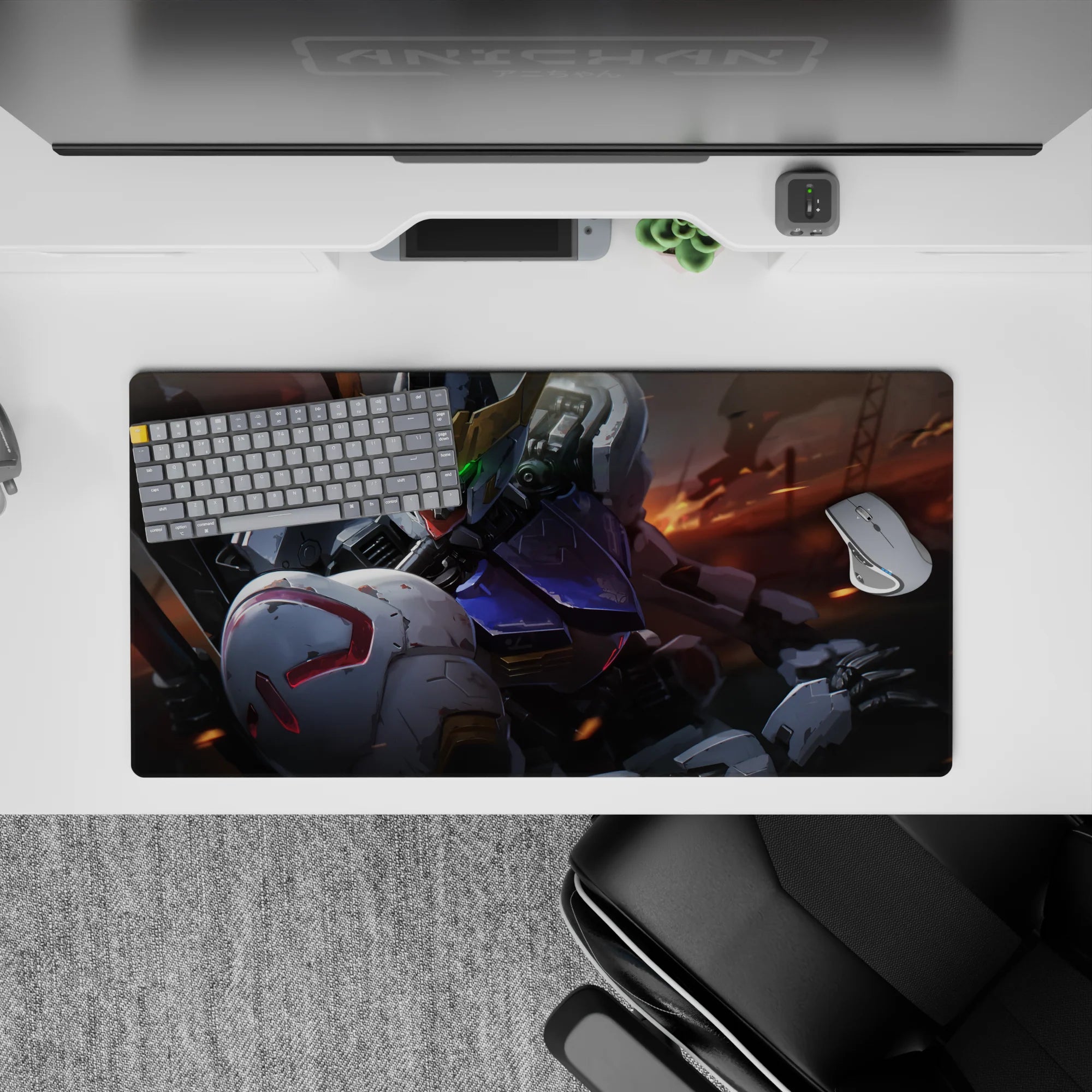 32x16 inches anime mouse pad in cool whites, steel gray, and navy with smoky sparks and ember streaks.