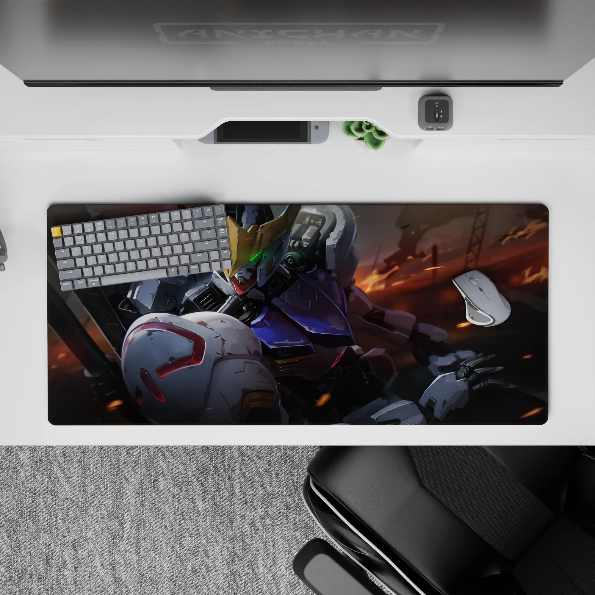 36x16 inches anime desk pad in cool whites, steel gray and navy with warm ember sparks, premium look.