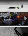 36x16 inches anime desk pad in cool whites, steel gray and navy with warm ember sparks, premium look.