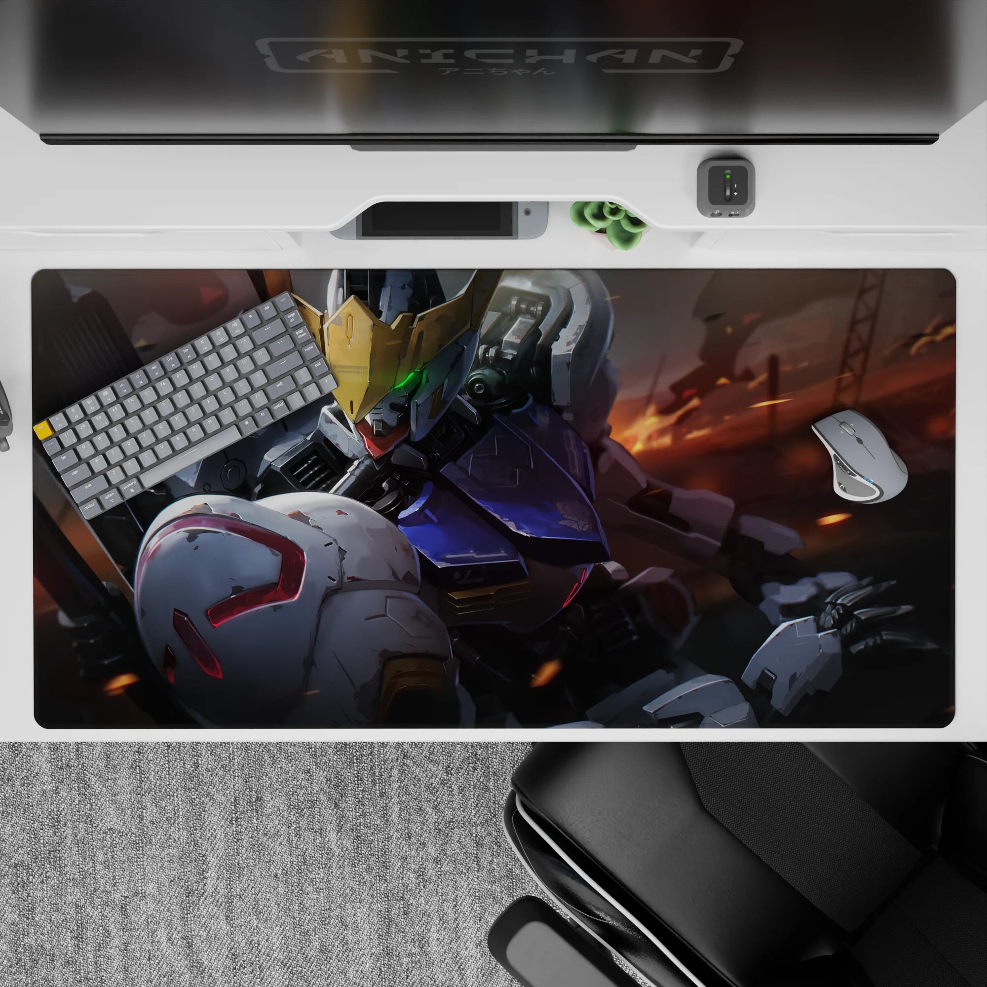 40x20 inches anime mouse pad in cool white, steel gray, deep navy with warm ember streaks, battle vibe.