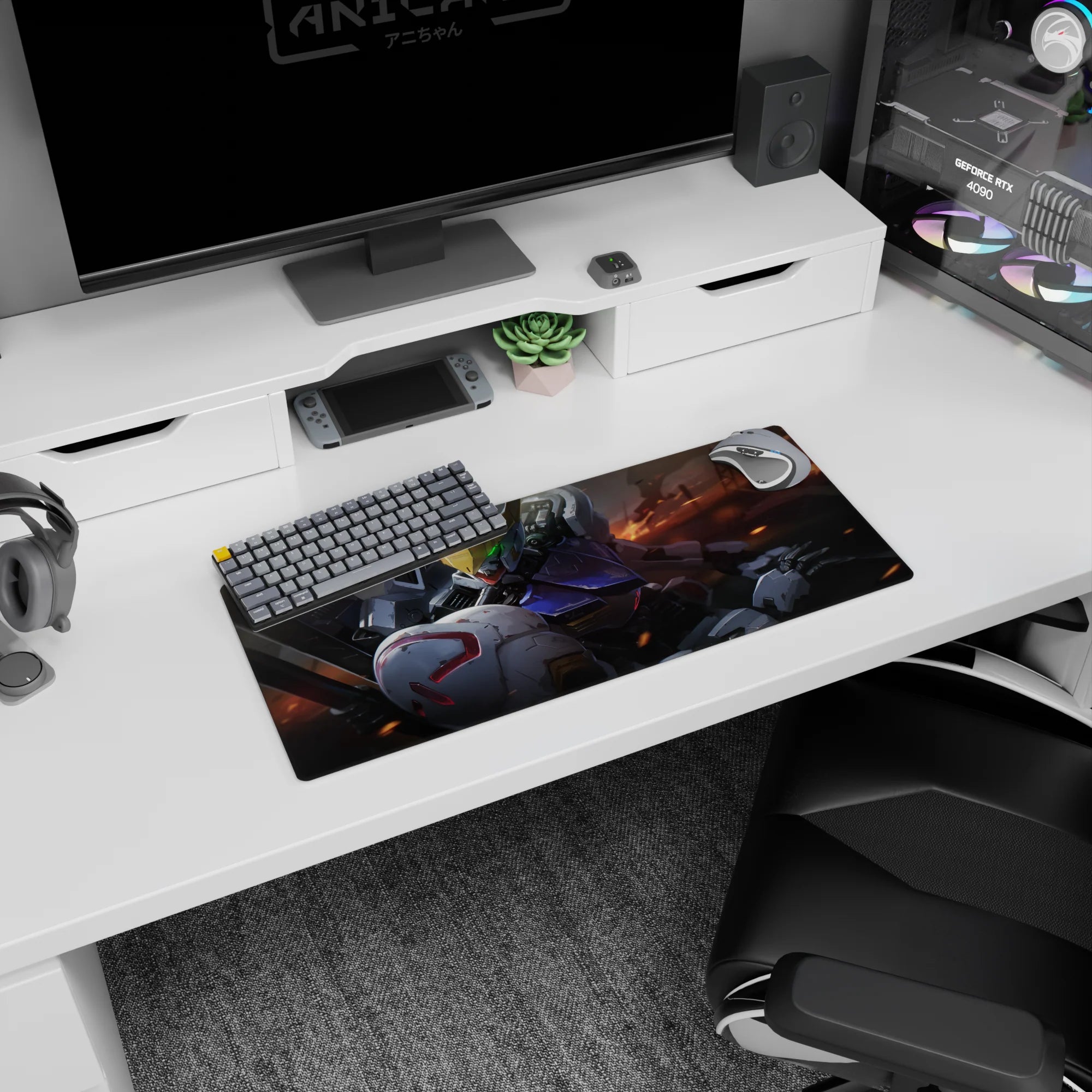 28x12 inches anime mouse pad featuring Gundam Barbatos with gold V-fin and glowing green eyes.