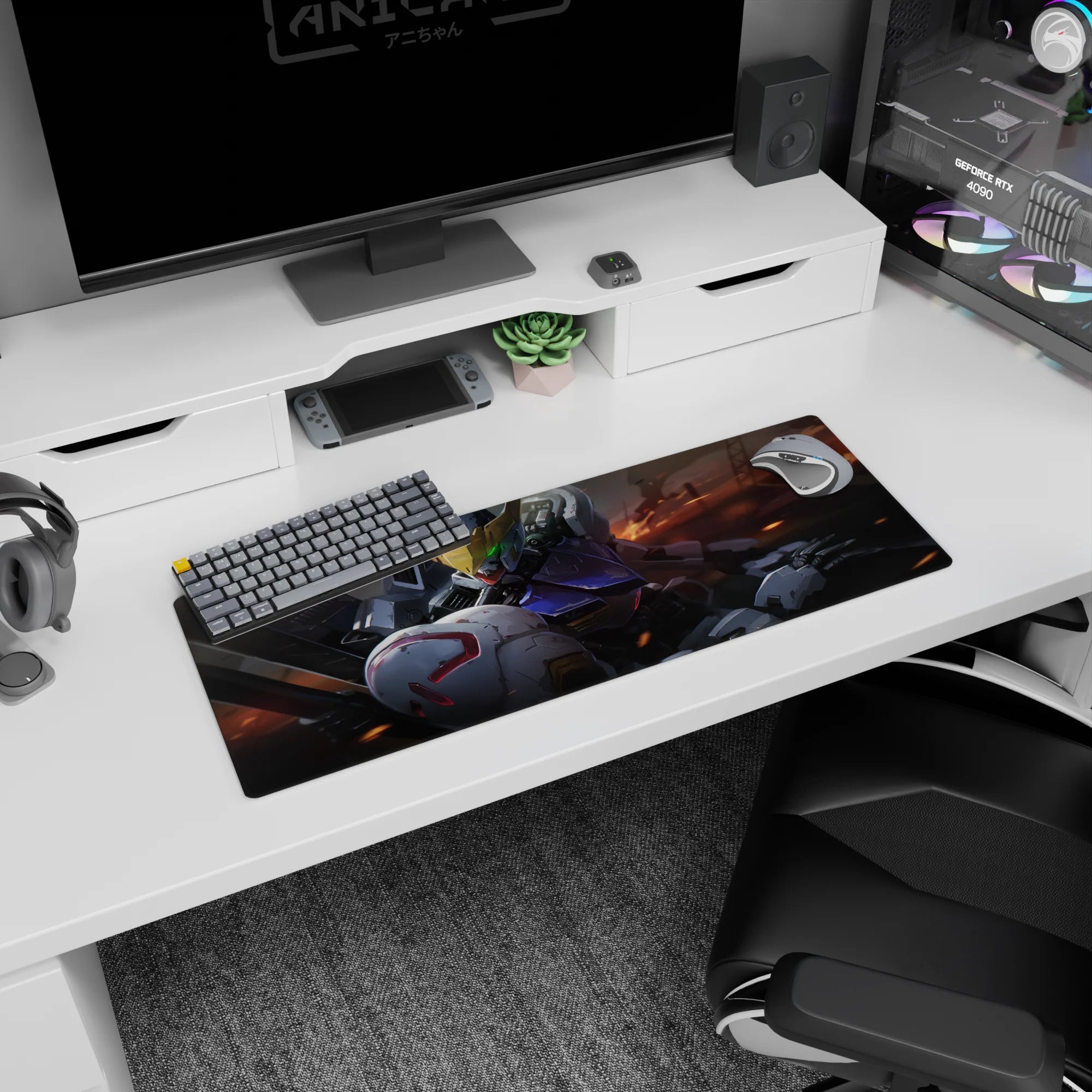 32x12 inches anime mouse pad featuring Gundam Barbatos face-off, gold V-fin and glowing green eyes.