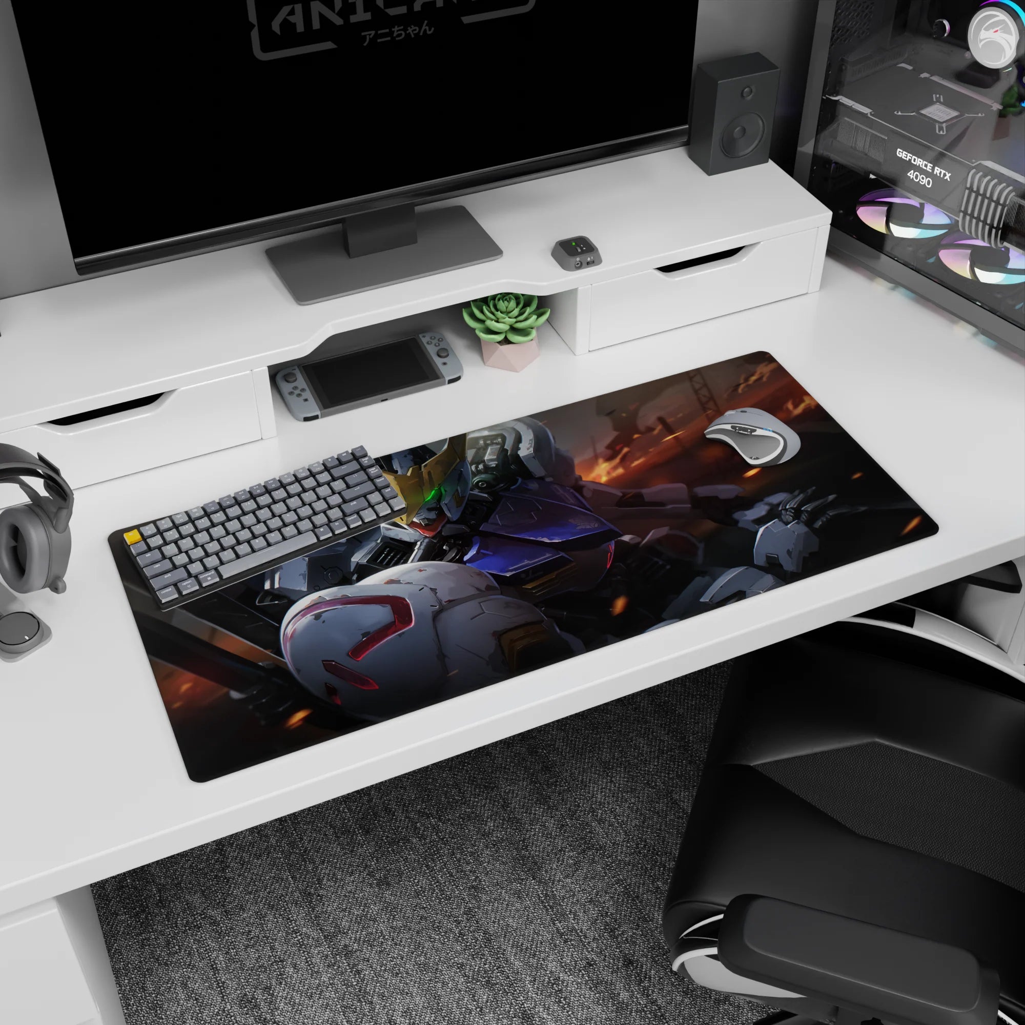 36x16 inches desk pad featuring Gundam Barbatos gold V-fin and glowing green eyes amid smoke and sparks.