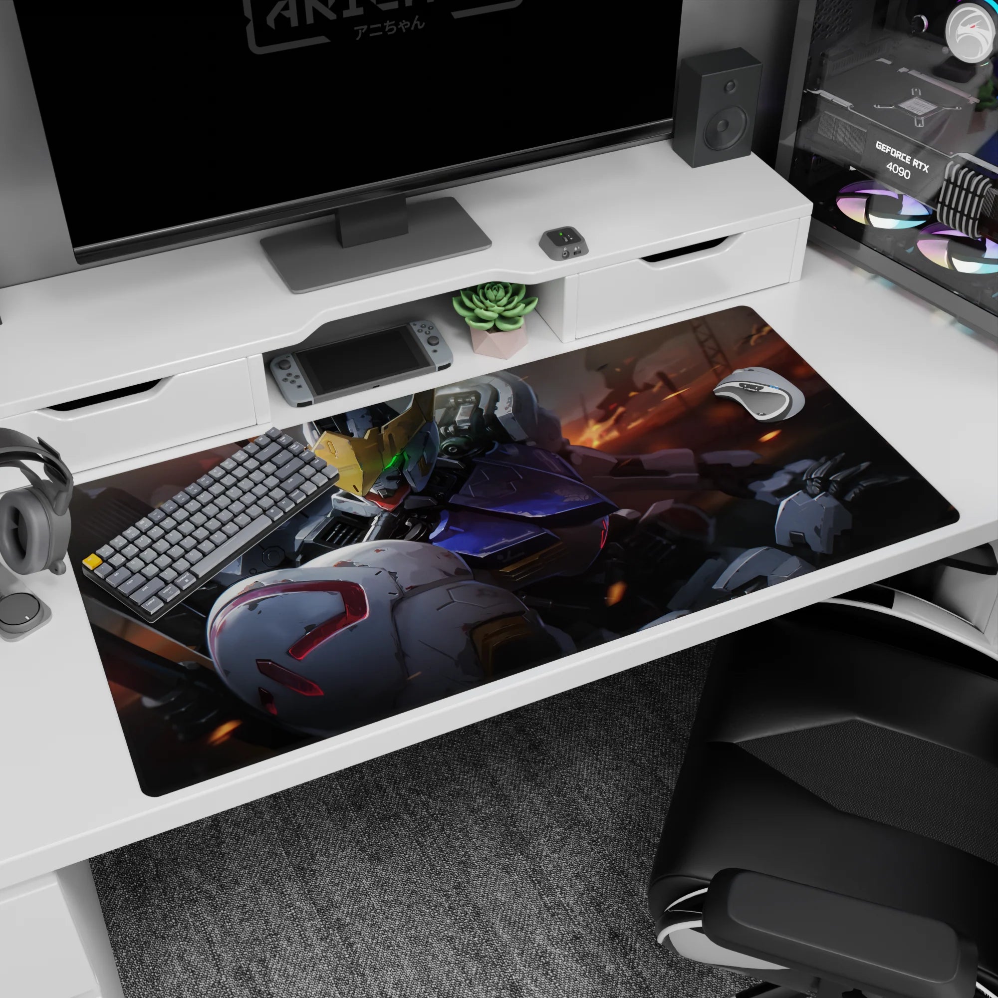 40x20 inches desk pad featuring Gundam Barbatos, gold V-fin and glowing green eyes amid smoke and sparks.