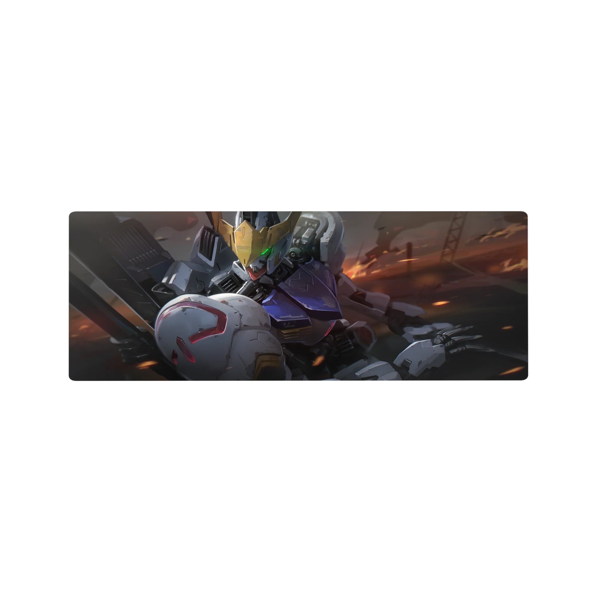 32x12 inches anime mouse pad with Gundam-style mecha armor, V-fin crest, smoke and sparks battle design.