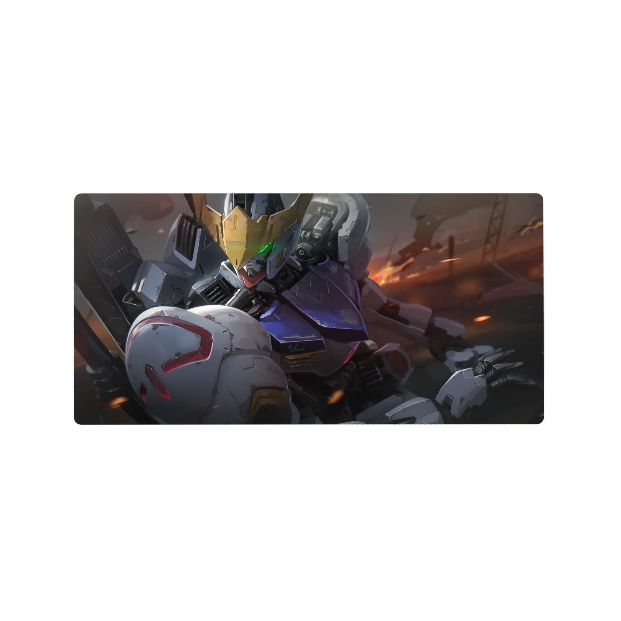 32x16 inches anime mouse pad with Gundam mech face, gold V-fin, green eyes, and battle-worn armor.
