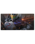 32x16 inches anime mouse pad with Gundam mech face, gold V-fin, green eyes, and battle-worn armor.