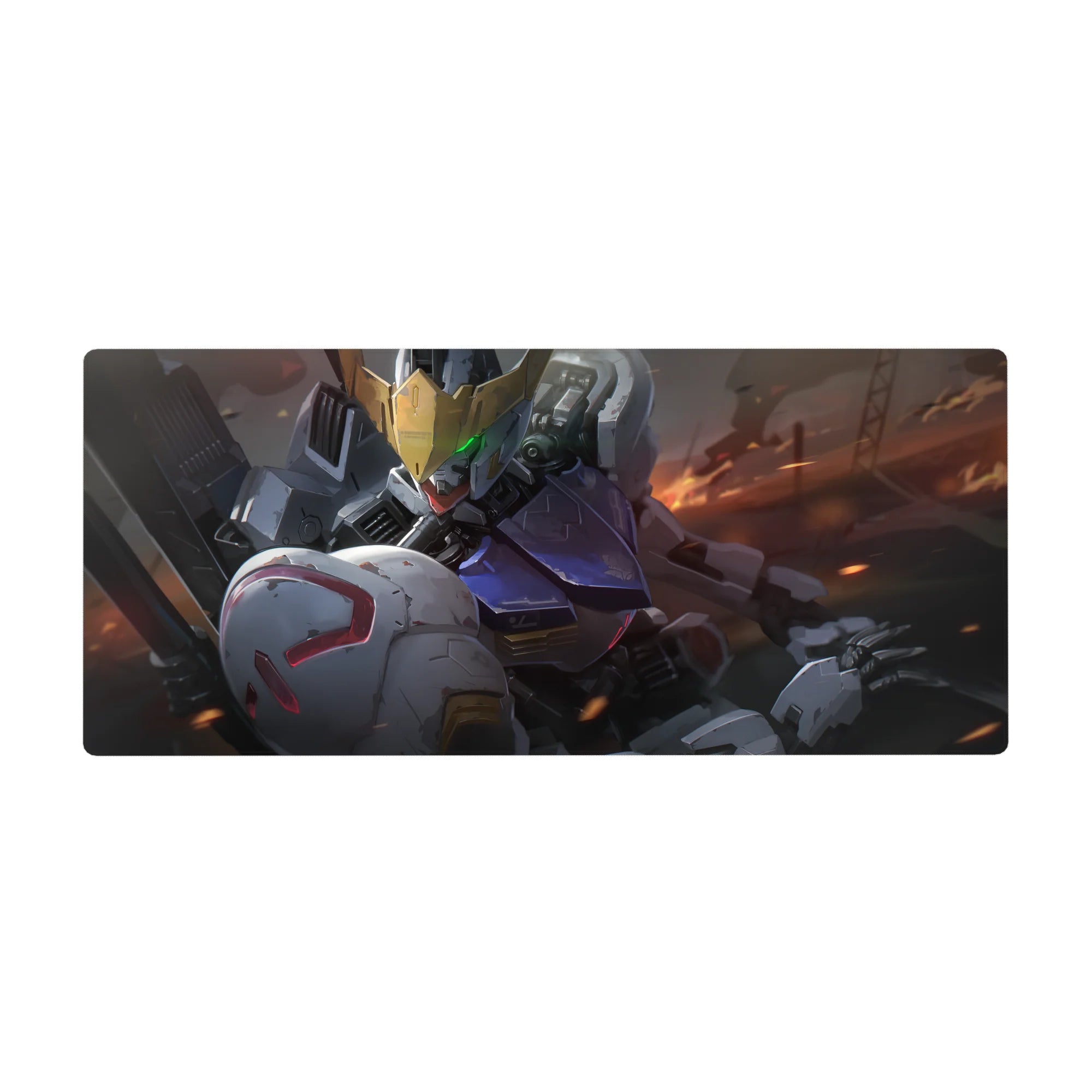36x16 inches anime desk pad with Gundam Barbatos armor close-up, clean edge and smooth gaming glide.