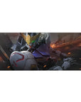 36x16 inches anime desk pad with Gundam Barbatos armor close-up, clean edge and smooth gaming glide.