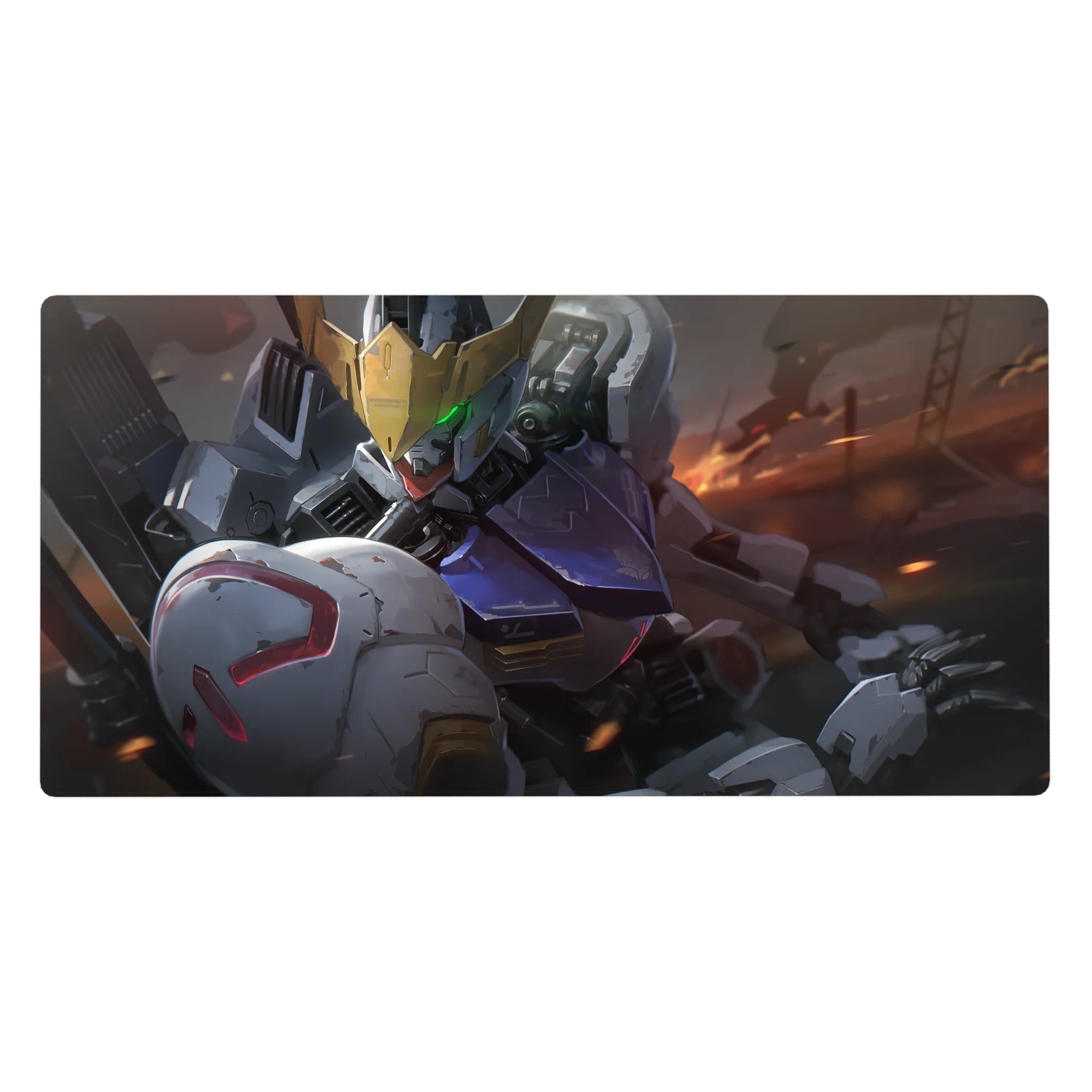 40x20 inches anime desk pad with mecha armor panels, smoke, sparks, and premium smooth-glide edge.