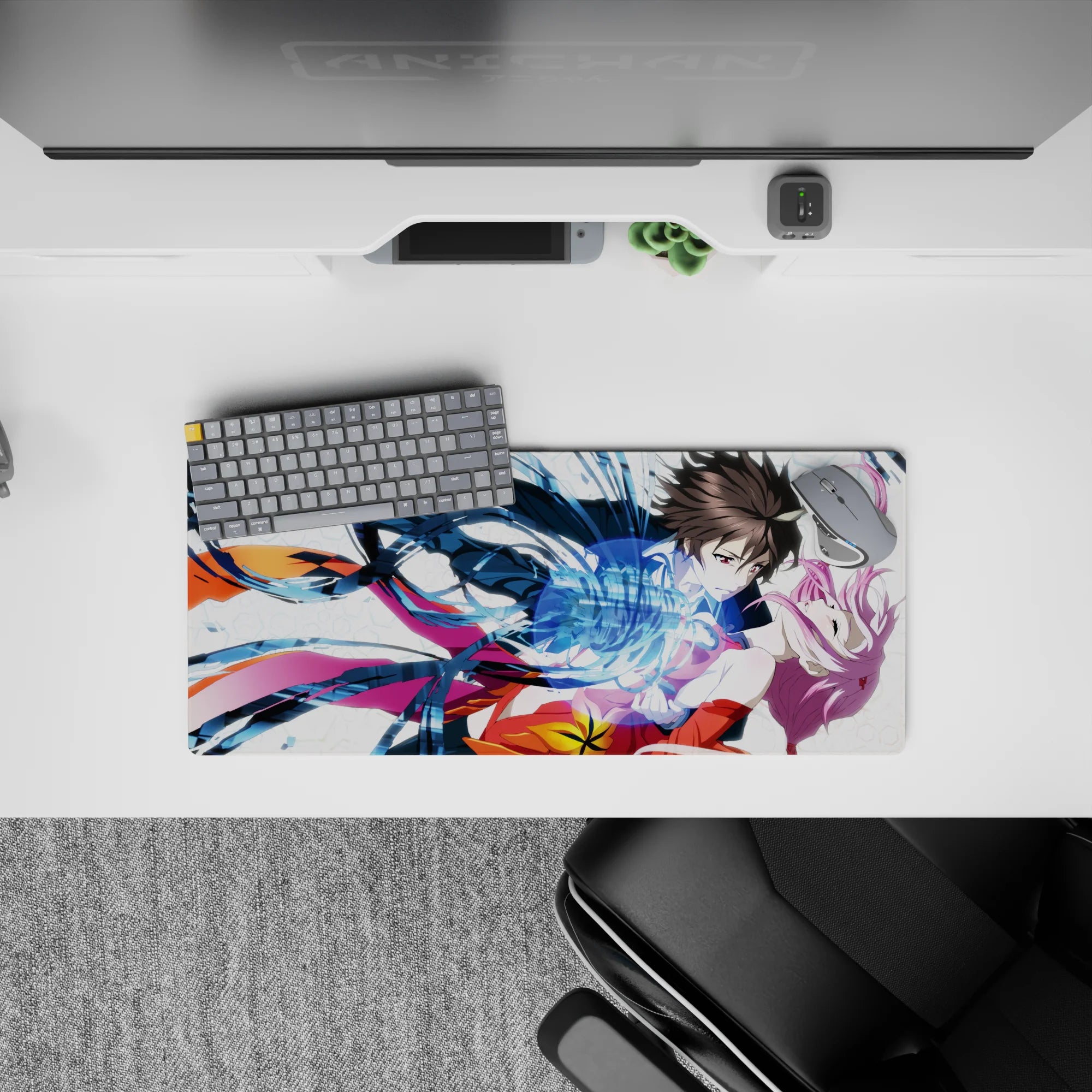Vibrant anime girl mouse pad 28x12 inches in navy, hot magenta, and sunburst orange, romantic action vibe.