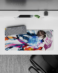 Vibrant anime girl mouse pad 28x12 inches in navy, hot magenta, and sunburst orange, romantic action vibe.