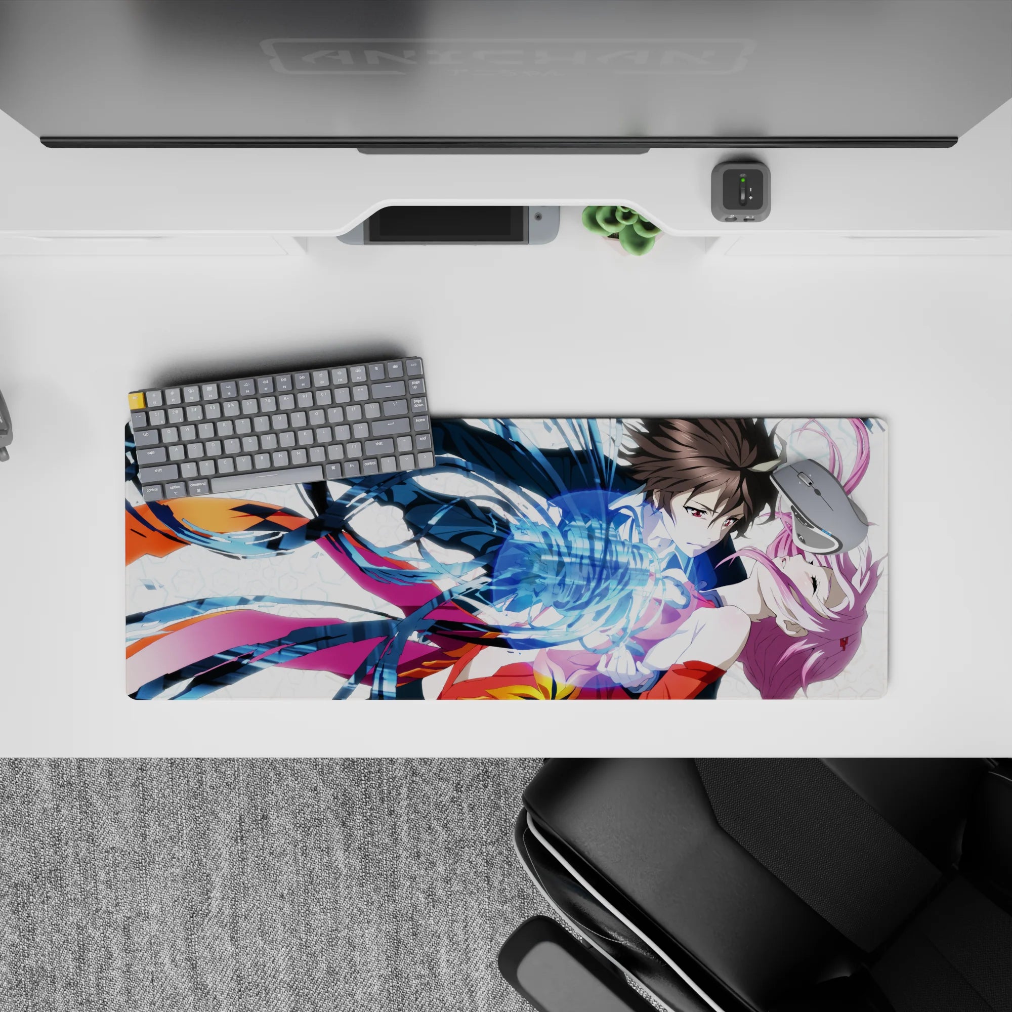 Anime girl mouse pad 32x12 inches in navy, magenta, and orange, romantic freefall vibe with clean white lines.