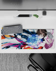 Anime girl mouse pad 32x12 inches in navy, magenta, and orange, romantic freefall vibe with clean white lines.