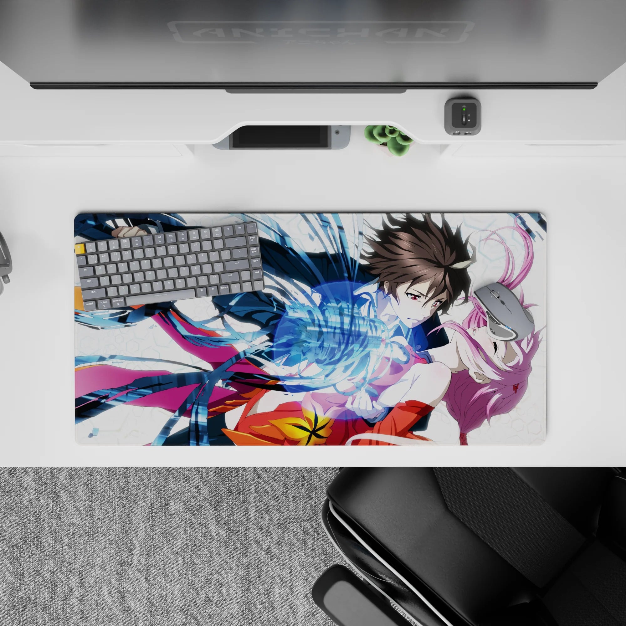 Anime girl mouse pad 32x16 inches in navy, magenta, and orange, romantic freefall vibe with neon swirls.