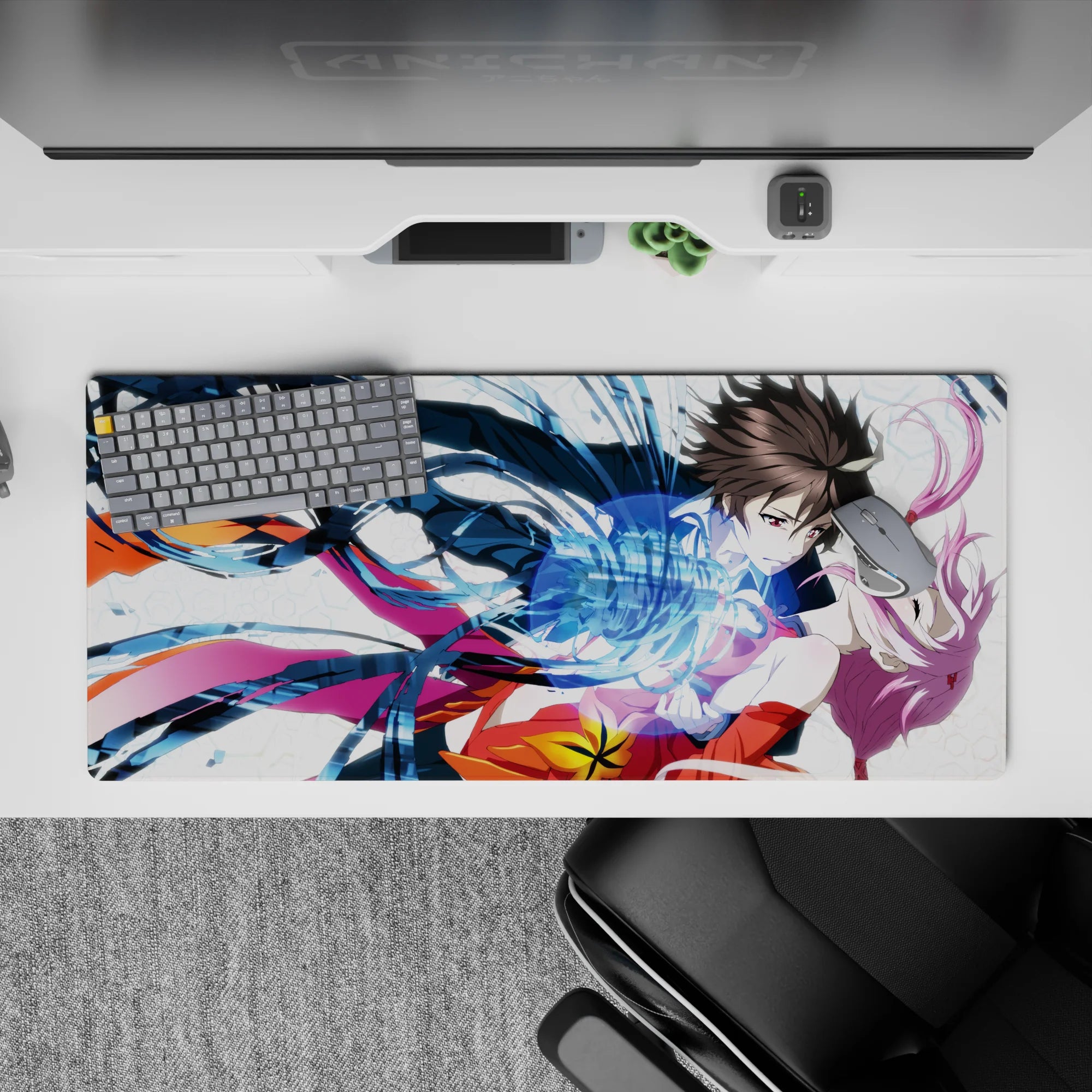 Romantic anime desk pad 36x16 inches in navy, hot magenta, and sunburst orange with high-action vibe.