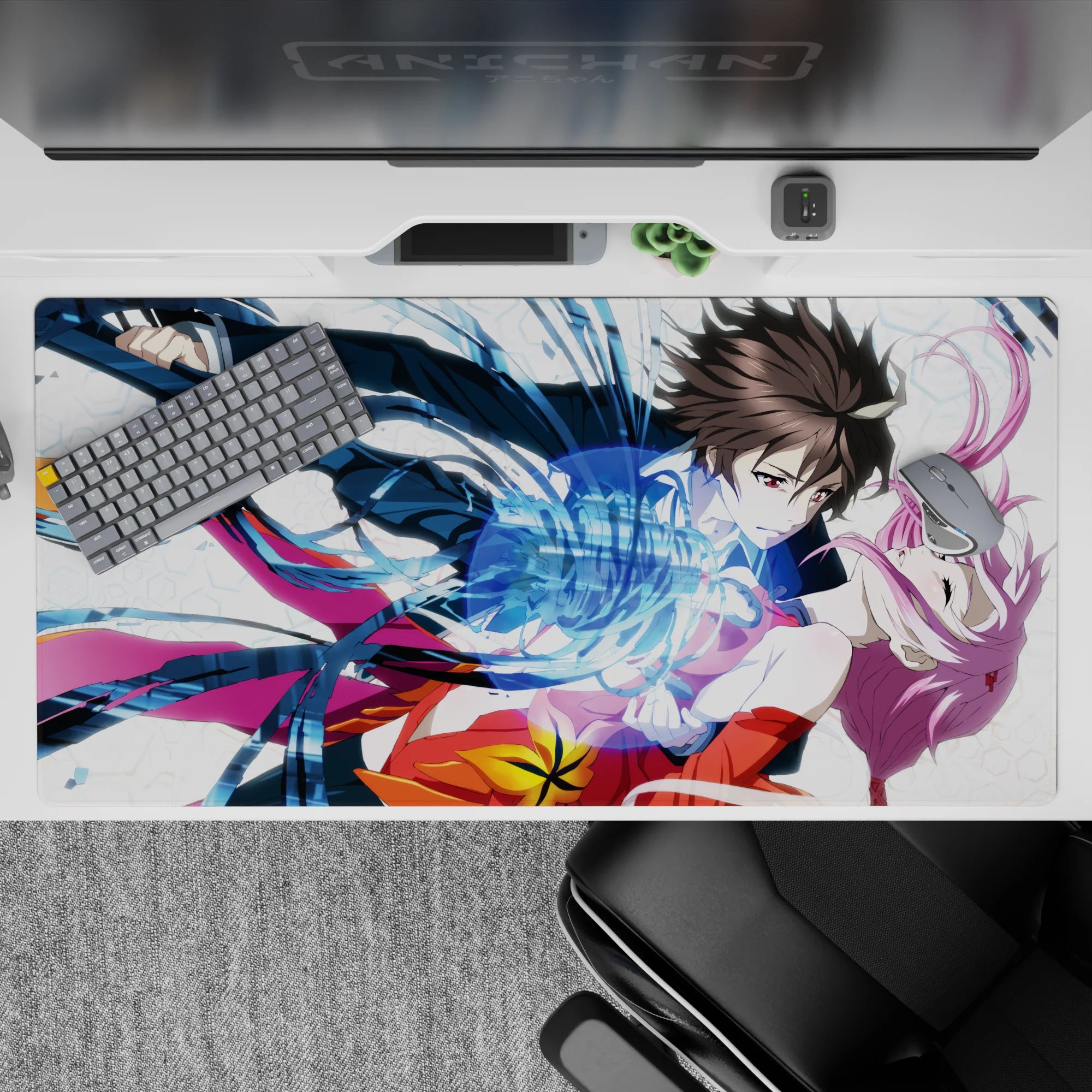 Vibrant anime desk pad 40x20 inches in navy, hot magenta, and sunburst orange, romantic action vibe.