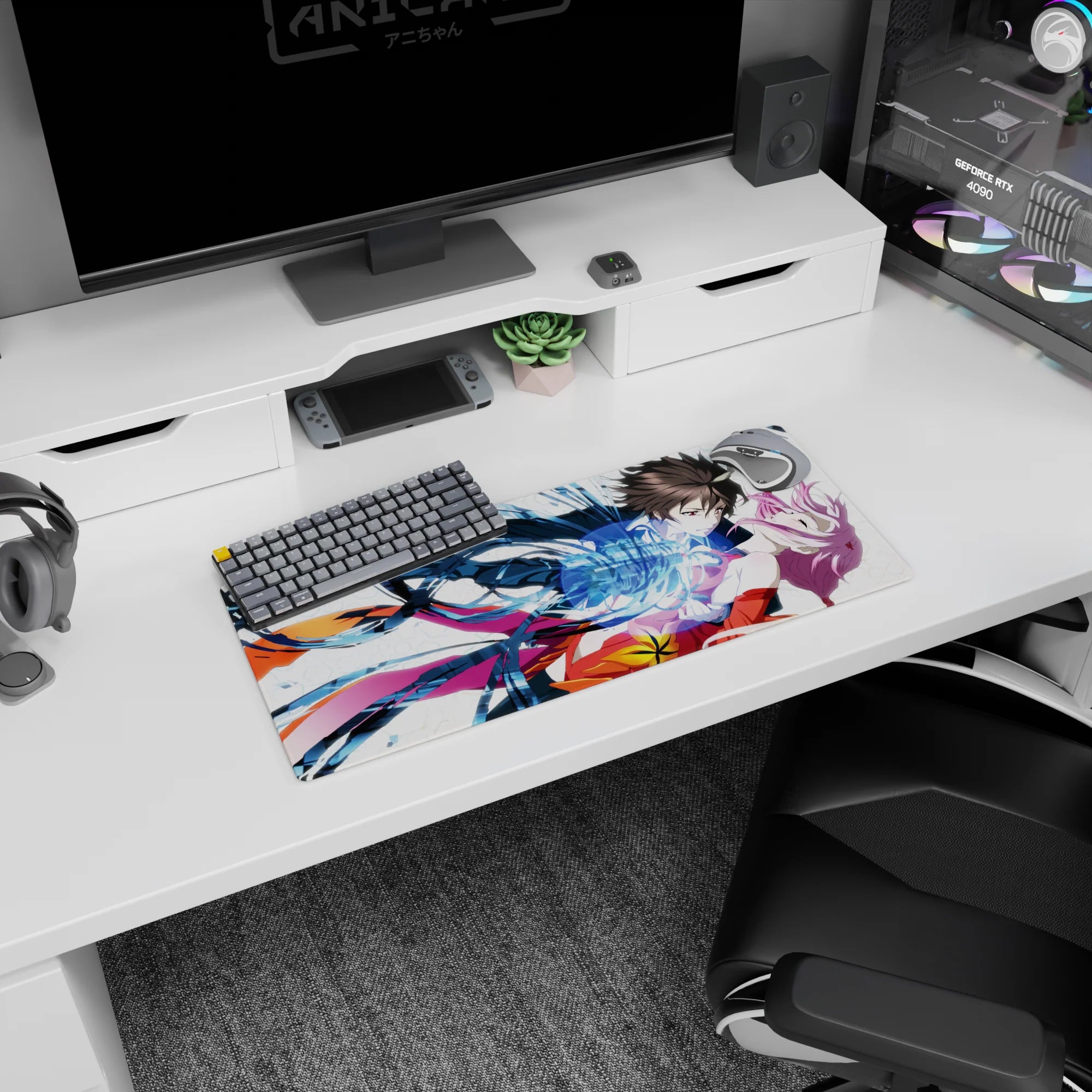 Anime couple mouse pad 28x12 inches showing a sharp-eyed boy catching a pink-haired girl amid swirling blue light.