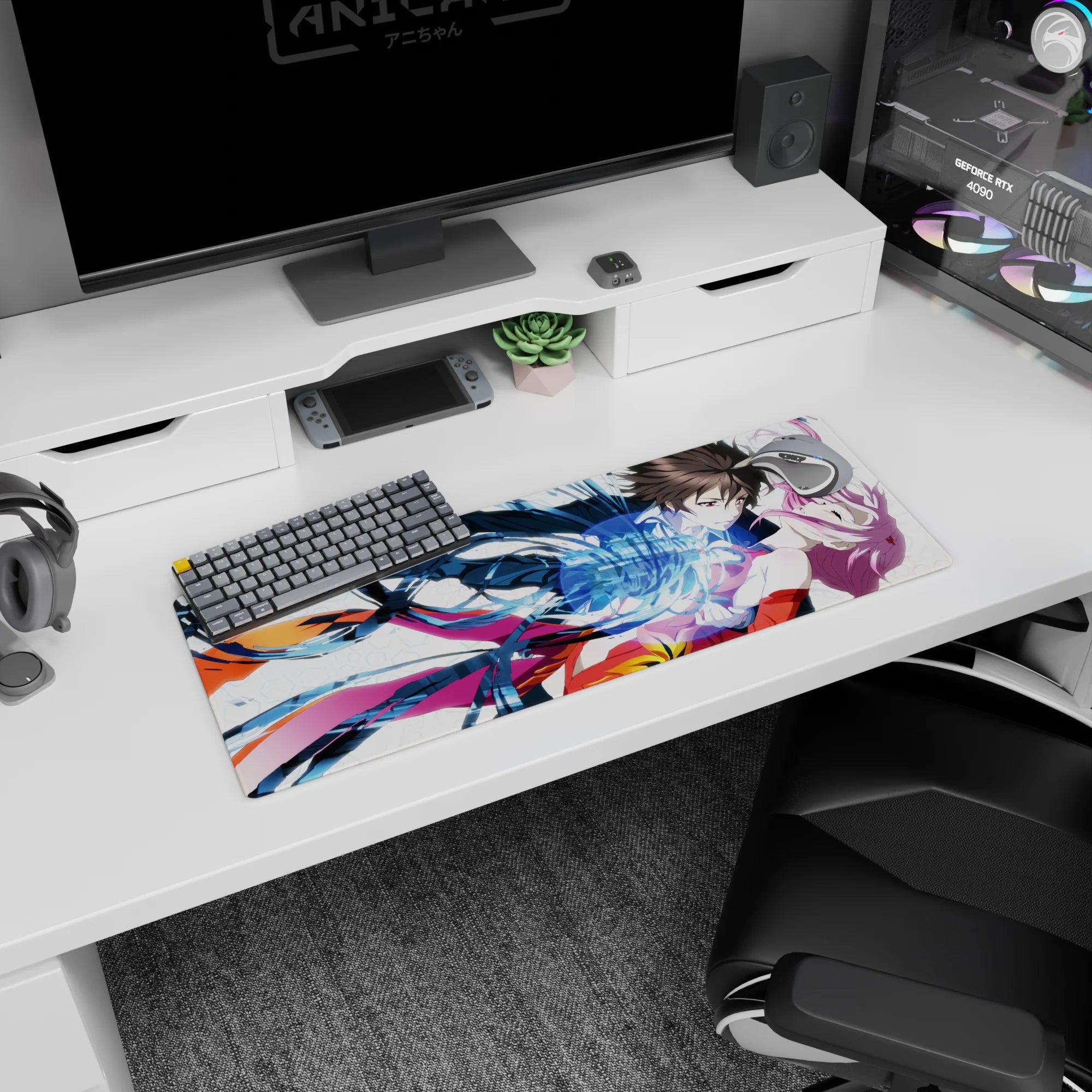 Anime girl mouse pad 32x12 inches showing sharp-eyed boy holding pink-haired girl mid-fall with swirling blue ribbons.