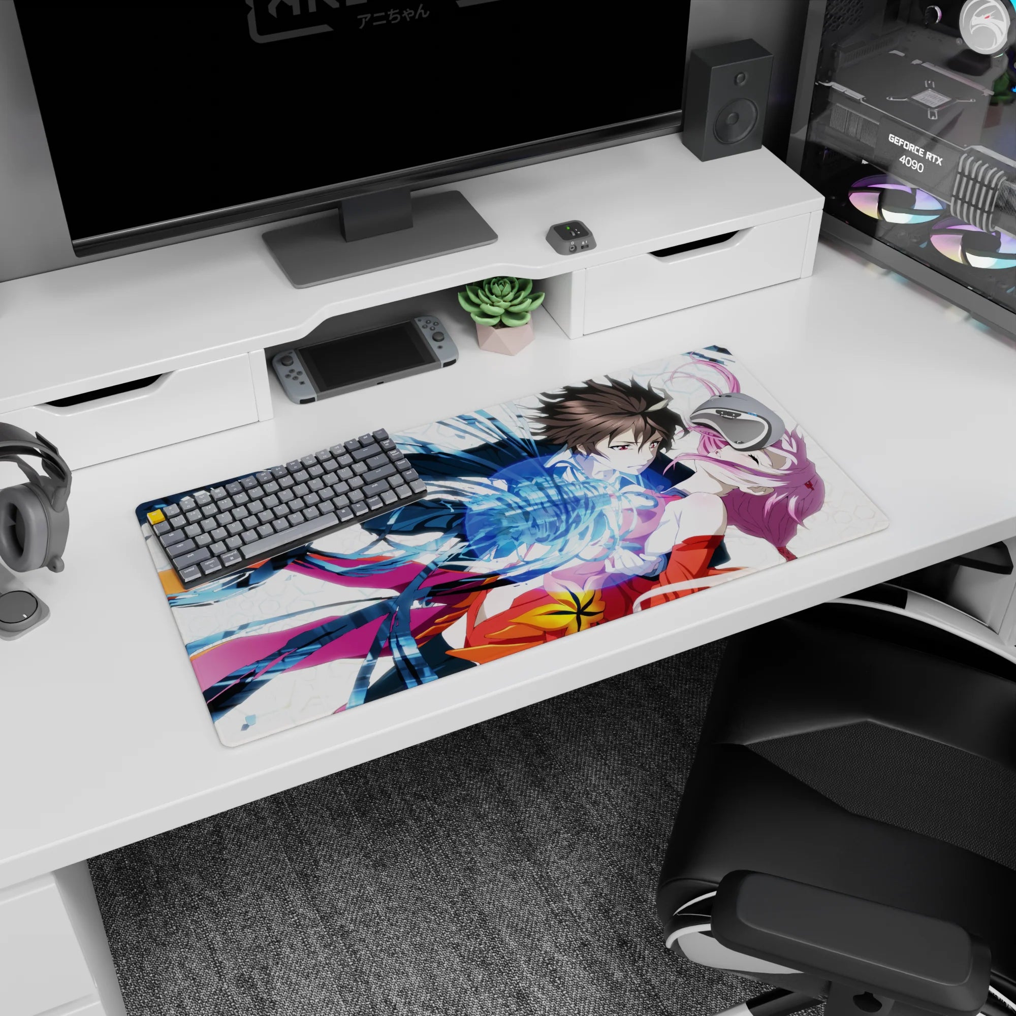 Anime girl mouse pad 32x16 inches showing boy catching pink-haired girl as blue ribbons spiral around them.