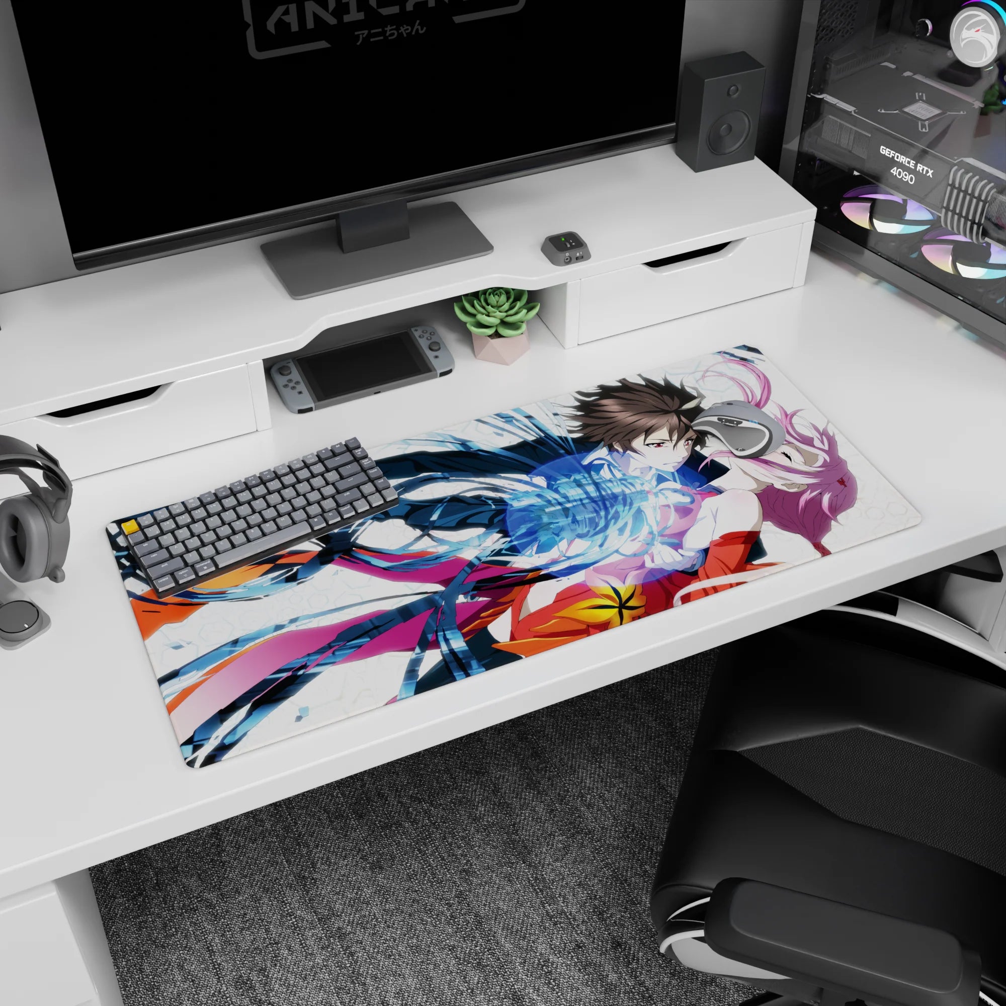 Anime couple desk pad 36x16 inches showing a boy catching a pink-haired girl amid swirling blue energy.