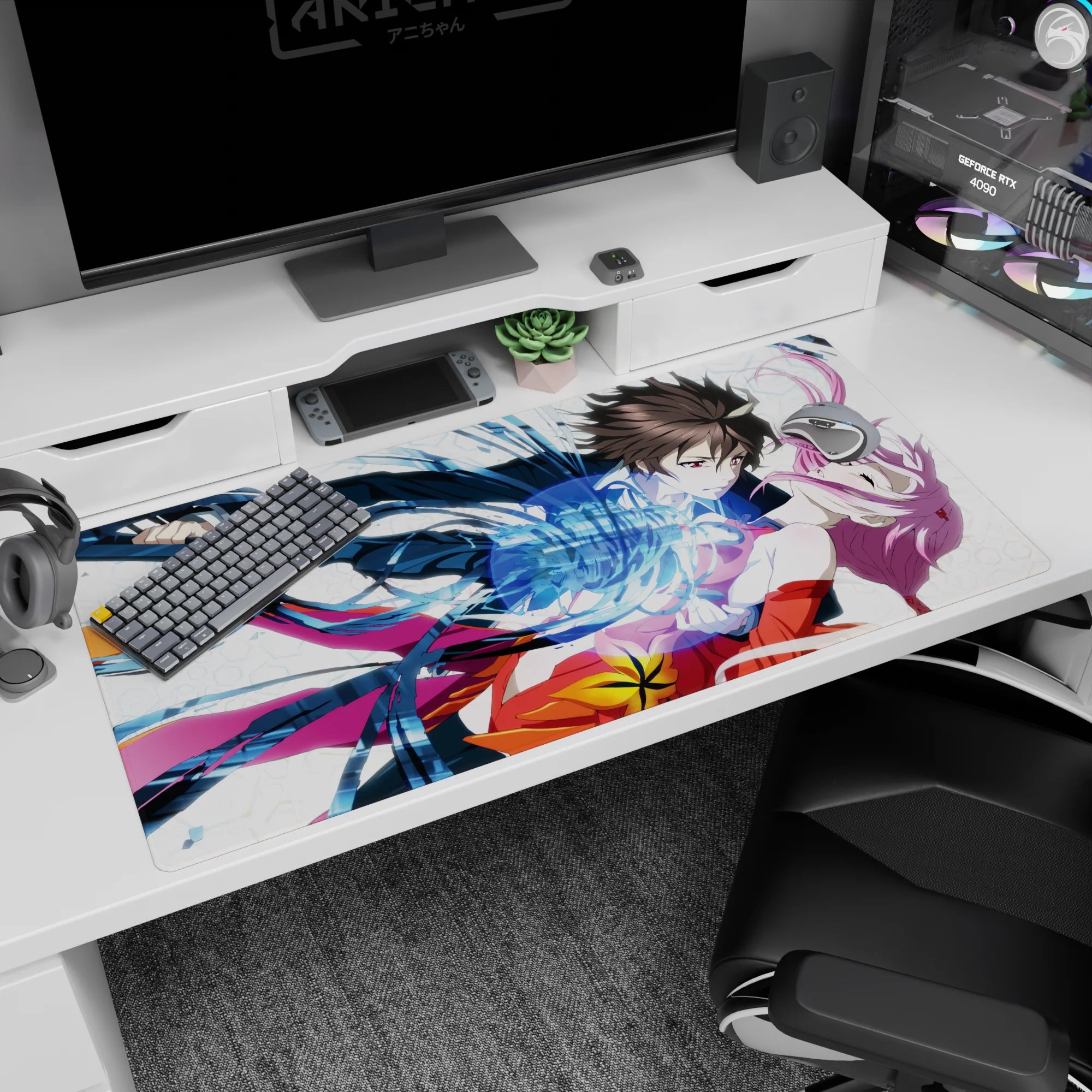 Anime desk pad 40x20 inches showing boy catching pink-haired girl mid-fall as blue ribbons swirl.